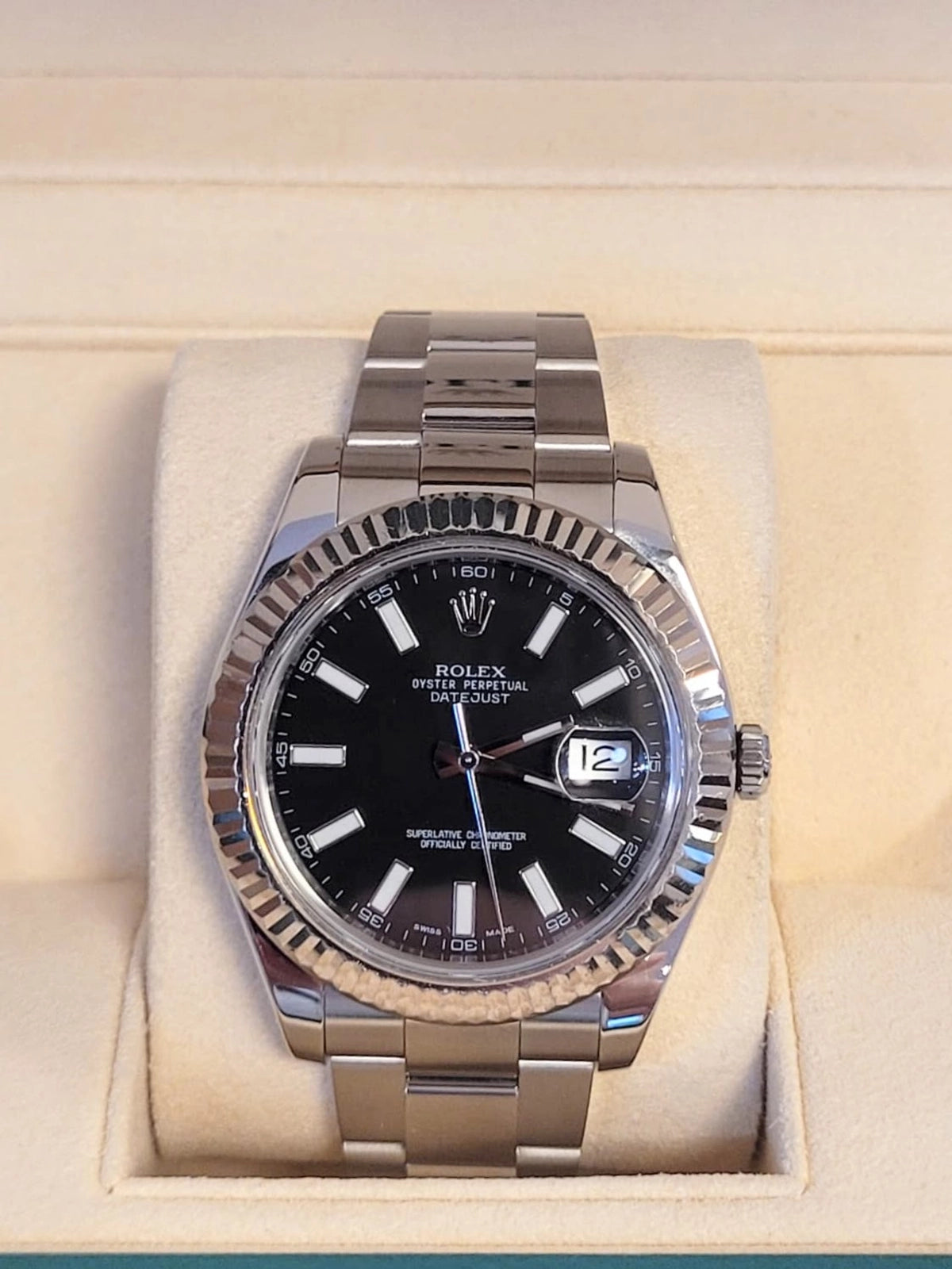 2012 Rolex Datejust 116334 Black Dial Fluted Bezel SS Oyster With Papers 41mm