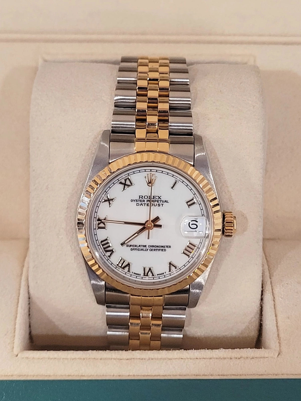 1995 Rolex Datejust Midsize 68273 White Roman Dial TT 18kt Jubilee No Paper 31mm