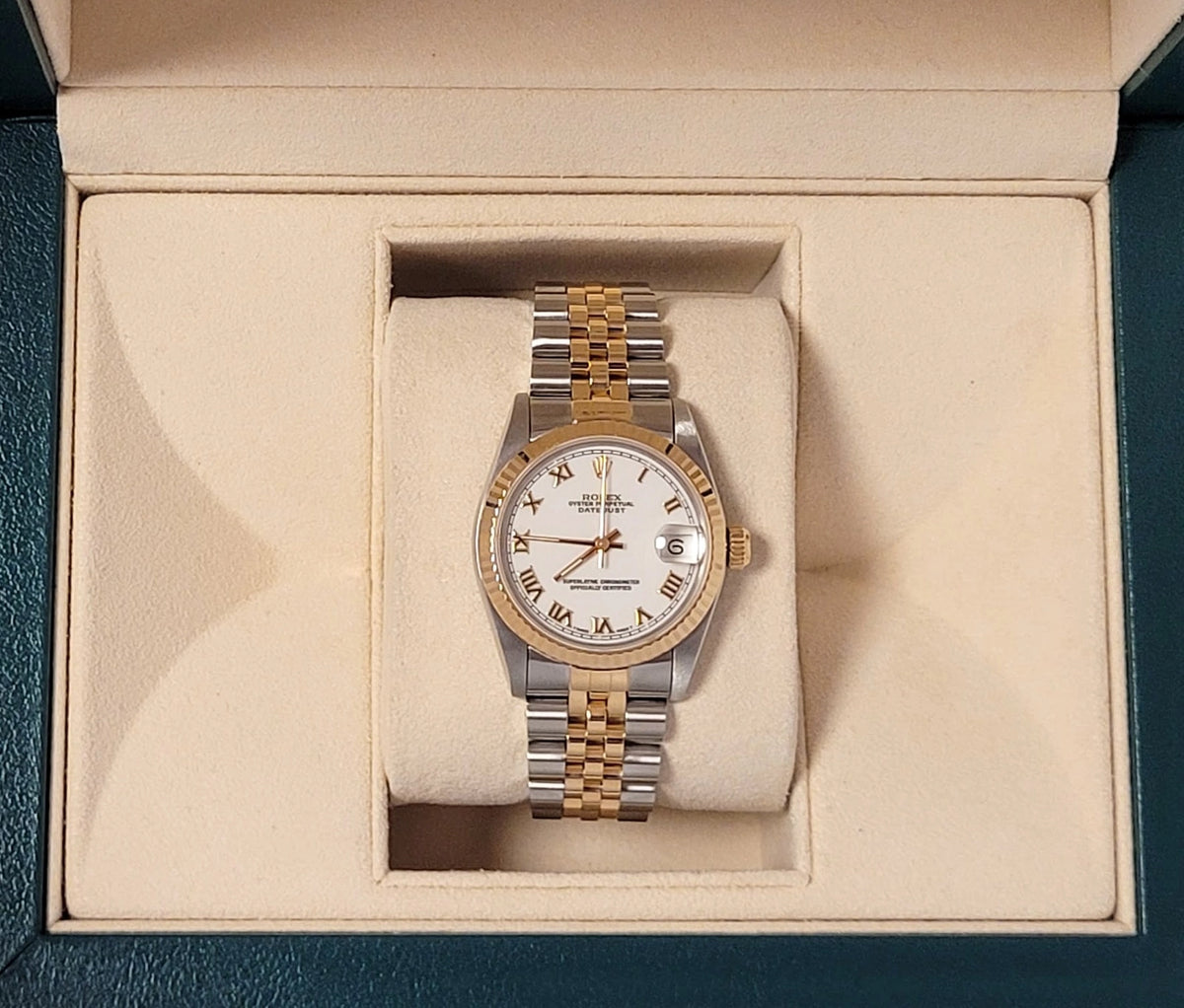 1995 Rolex Datejust Midsize 68273 White Roman Dial TT 18kt Jubilee No Paper 31mm