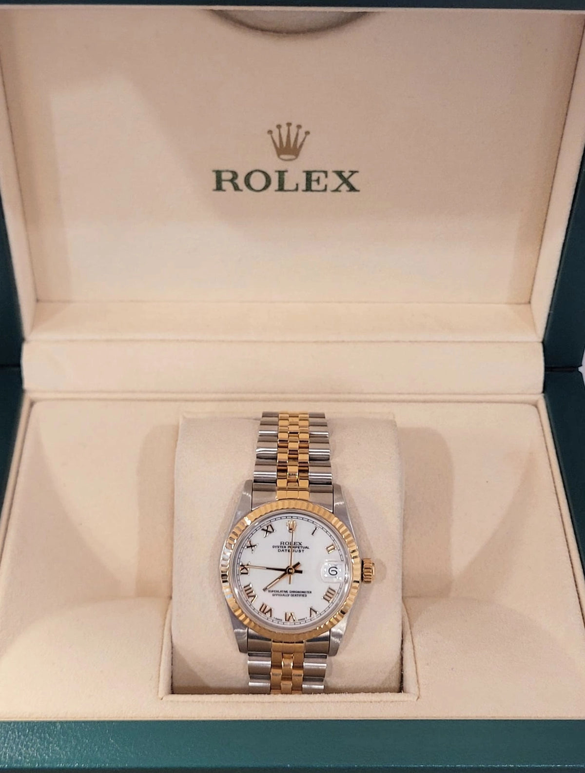 1995 Rolex Datejust Midsize 68273 White Roman Dial TT 18kt Jubilee No Paper 31mm