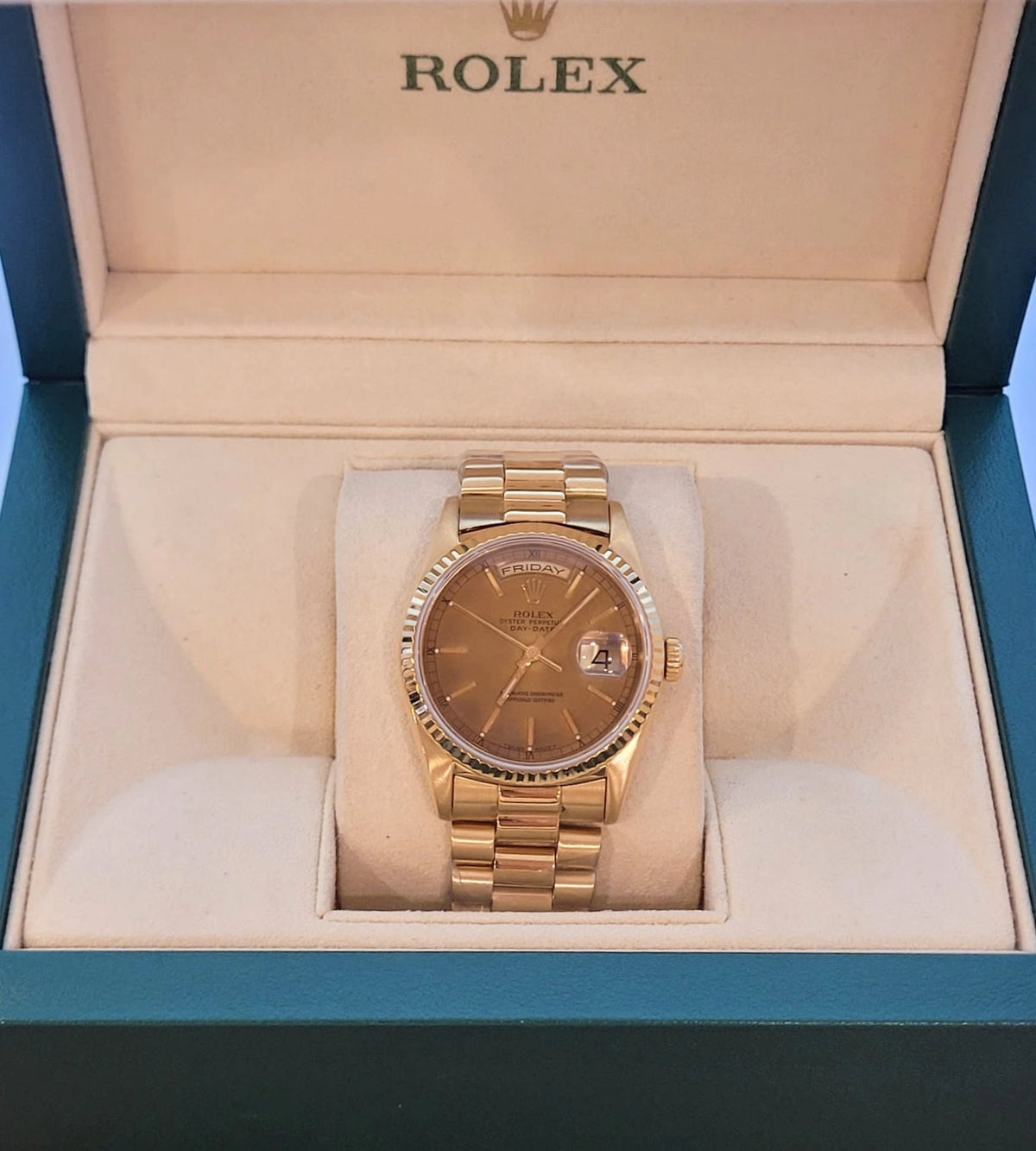 1999 Rolex Day-Date 18238 Champagne Tobacco Dial 18kt President No Papers 36mm