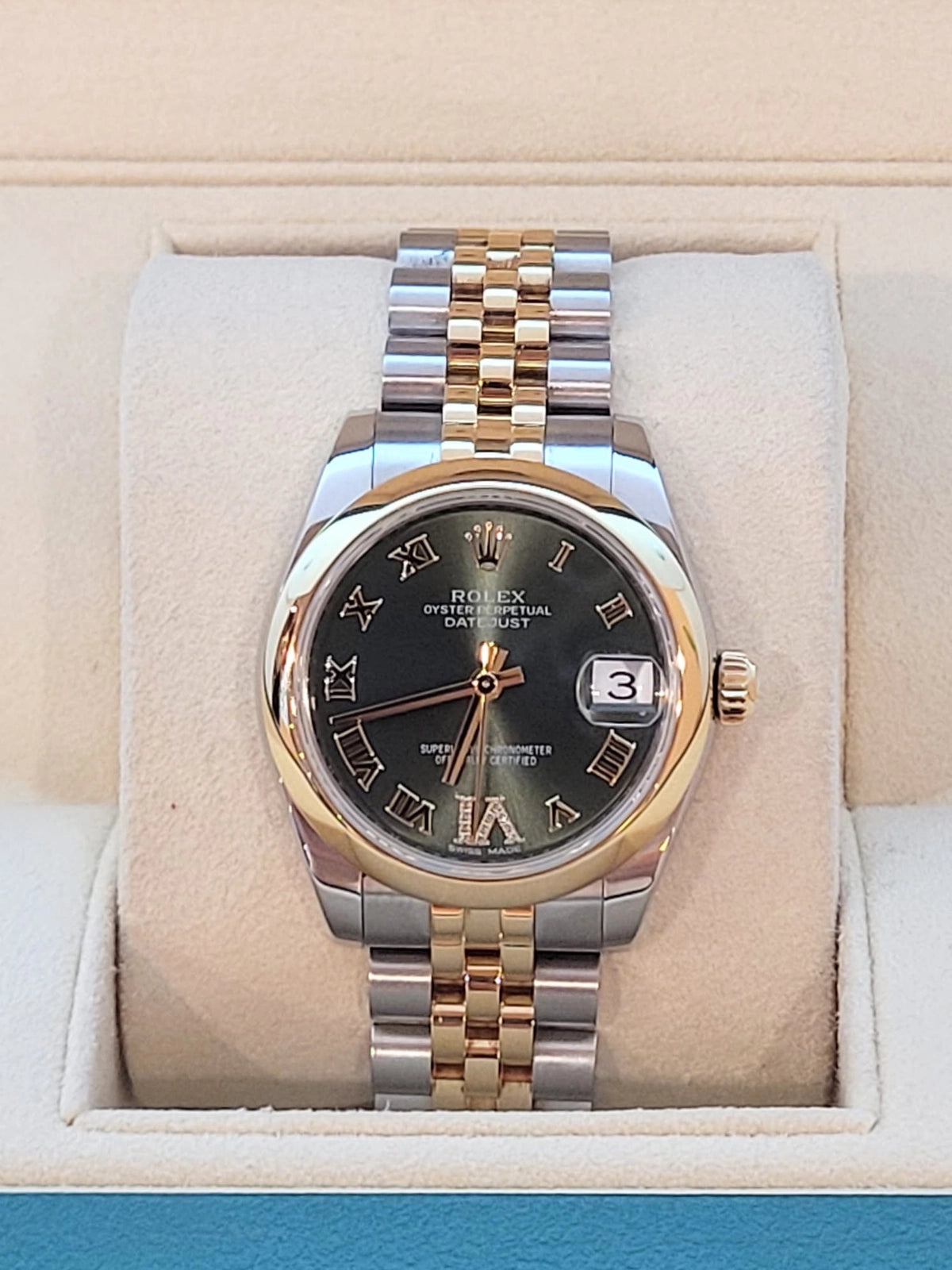 2016 Rolex Datejust 178243 Olive Green Diamond VI Dial TT Jubilee W/ Papers 31mm
