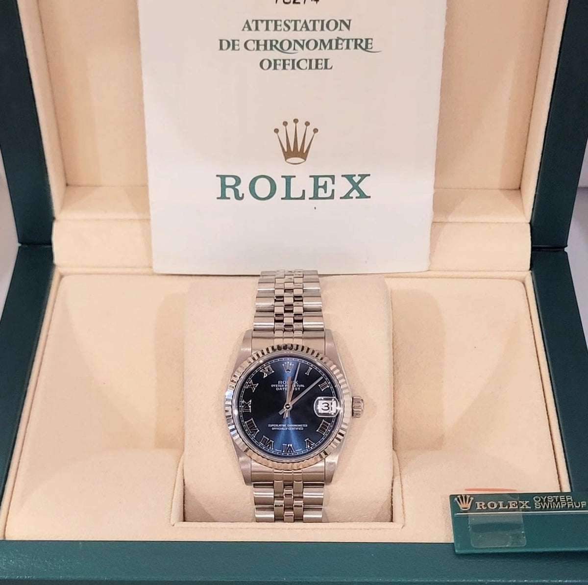 2001 Rolex Datejust 68274 Blue Roman Dial SS Jubilee With Papers 31mm
