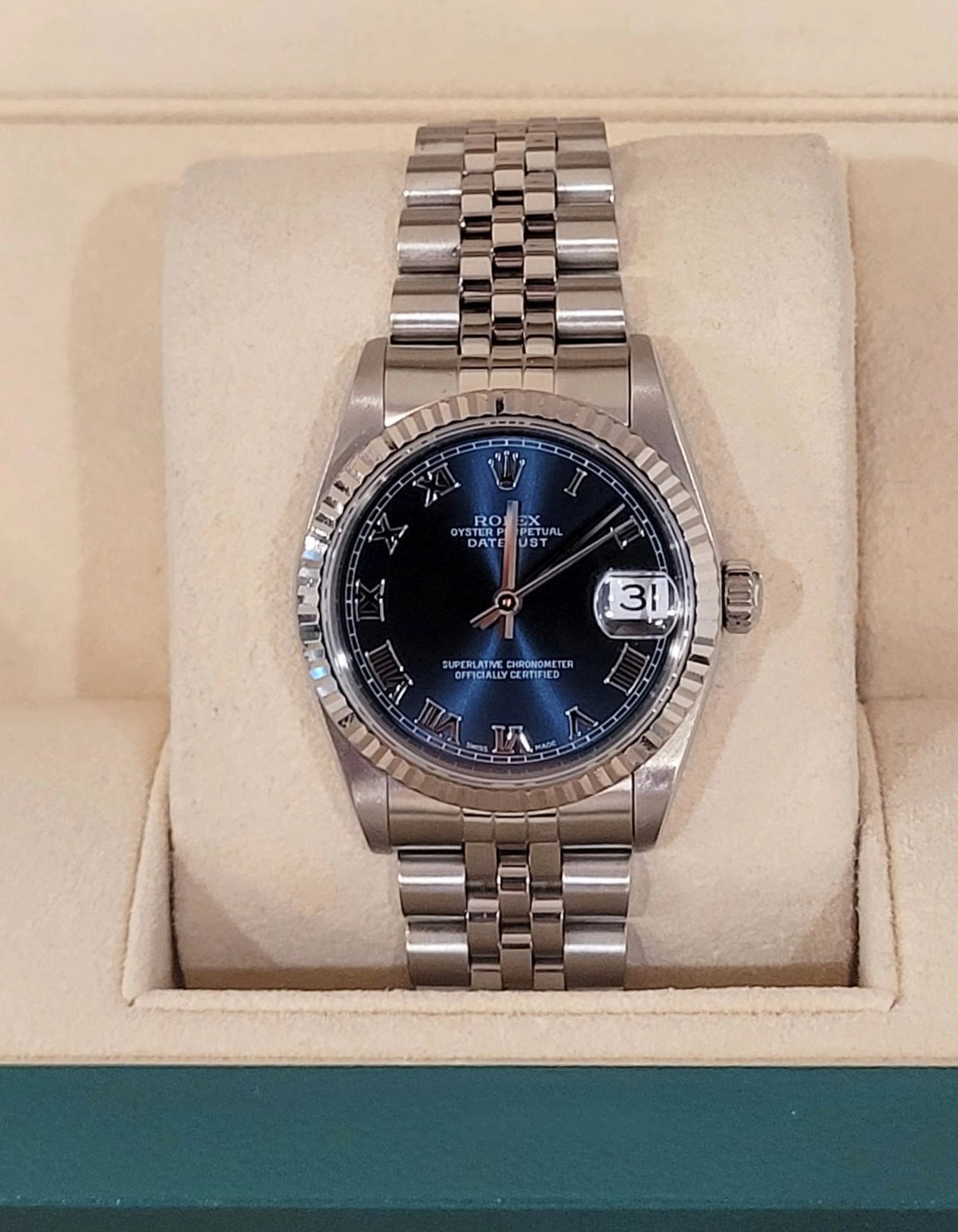 2001 Rolex Datejust 68274 Blue Roman Dial SS Jubilee With Papers 31mm