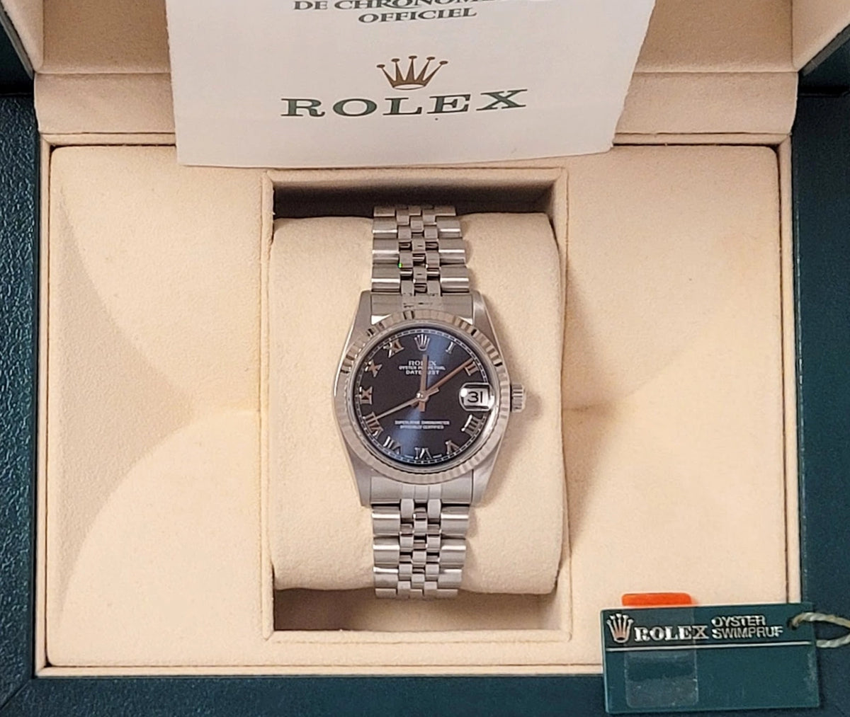 2001 Rolex Datejust 68274 Blue Roman Dial SS Jubilee With Papers 31mm