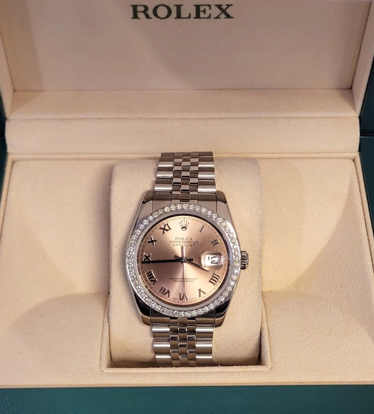 2007 Rolex Datejust 116234 Pink Roman Dial Diamond Bezel SS Jubilee 36mm