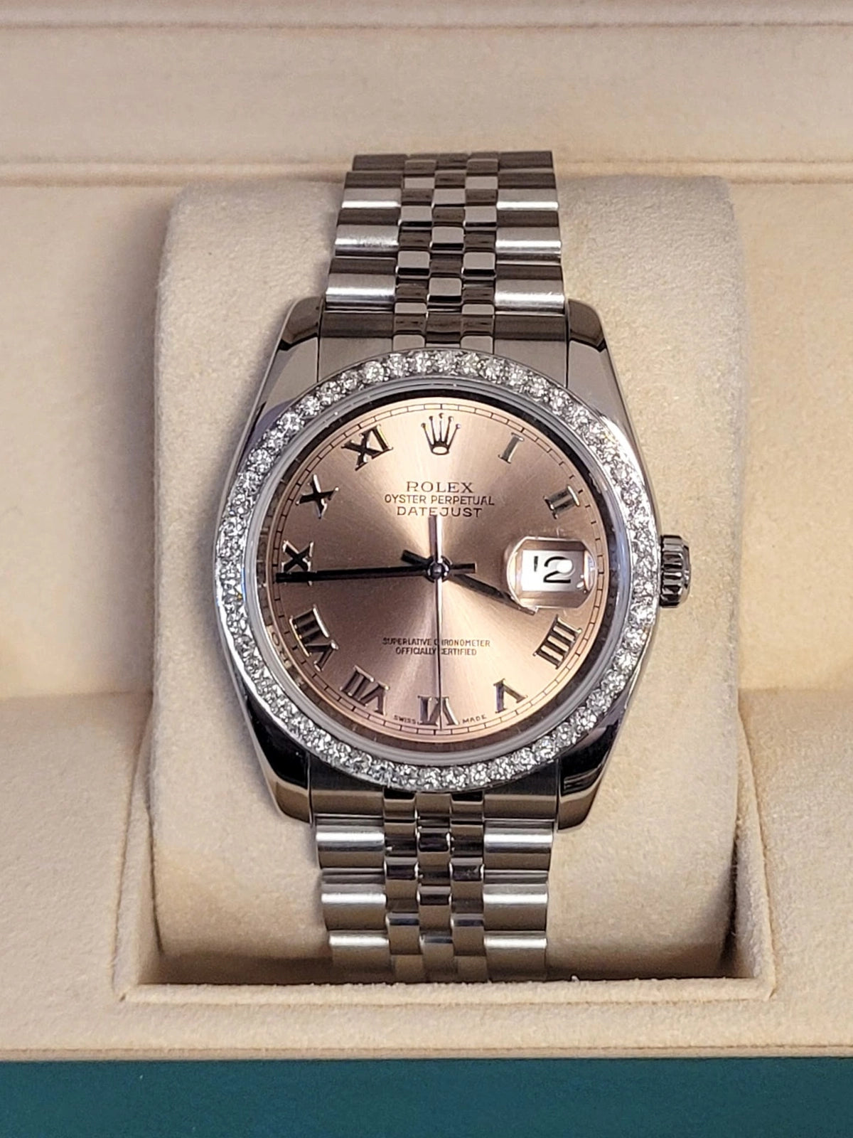 2007 Rolex Datejust 116234 Pink Roman Dial Diamond Bezel SS Jubilee 36mm
