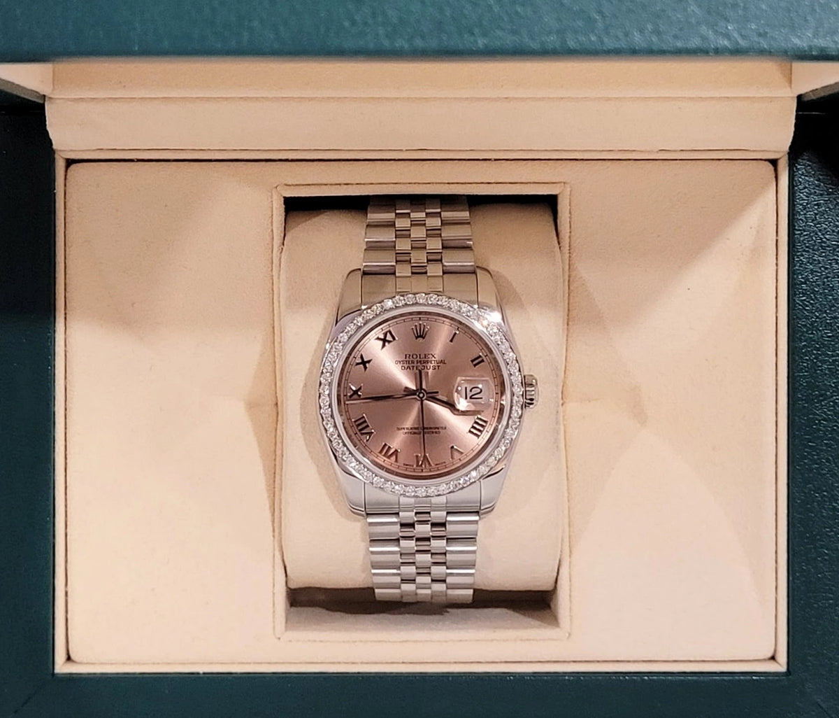 2007 Rolex Datejust 116234 Pink Roman Dial Diamond Bezel SS Jubilee 36mm