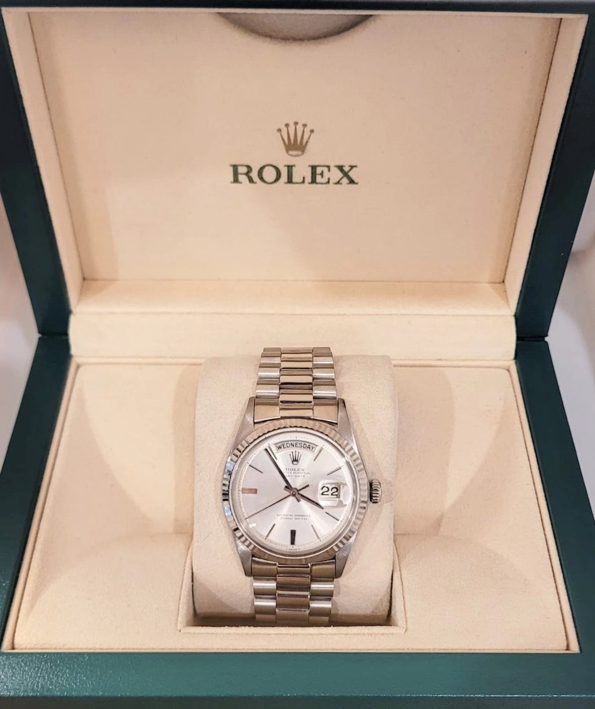 1967 Rolex Day-Date 1803 Silver Doorstop Dial White Gold President No Paper 36mm