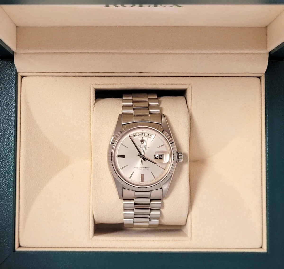 1967 Rolex Day-Date 1803 Silver Doorstop Dial White Gold President No Paper 36mm