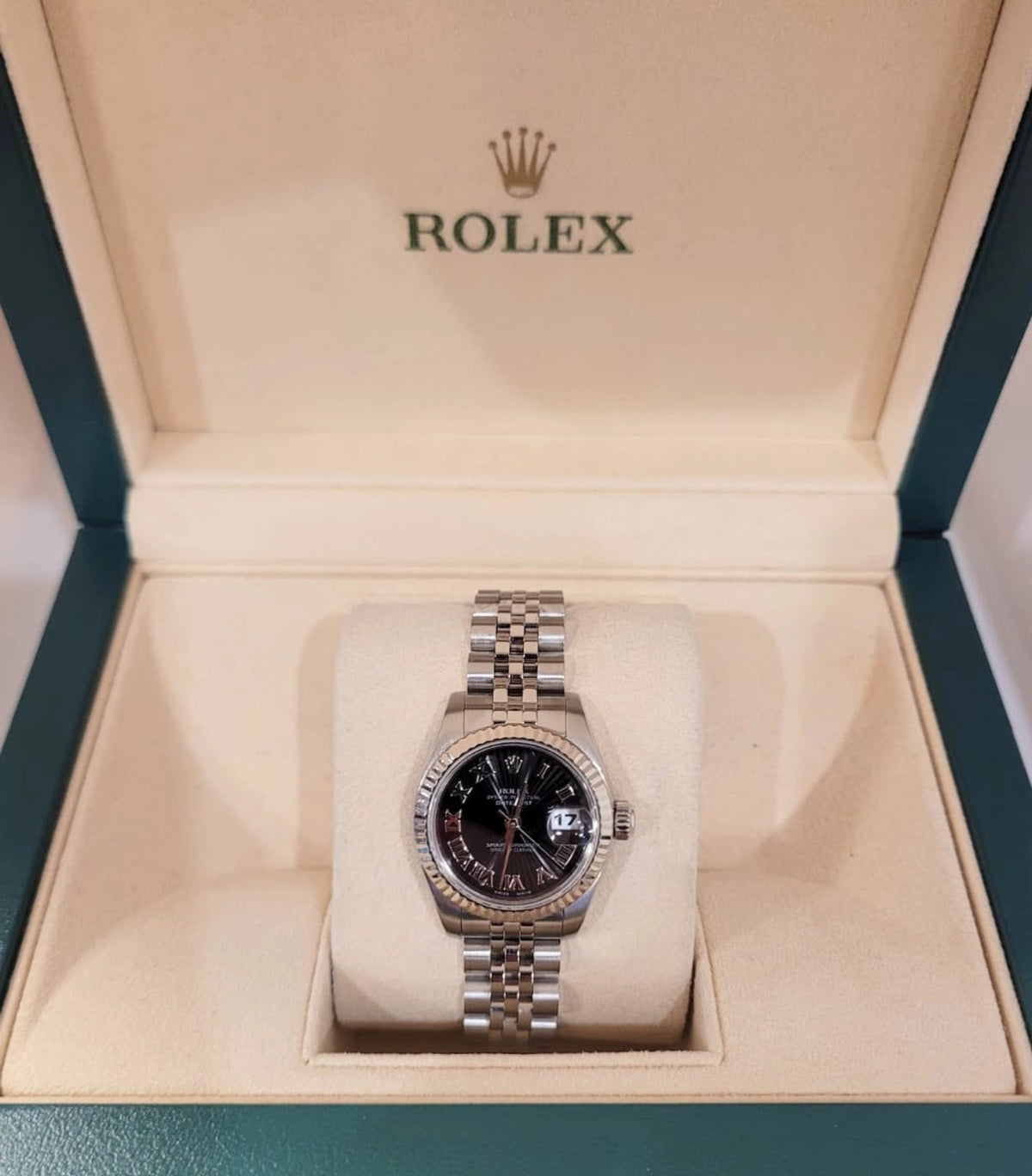 2006 Rolex Ladies Datejust 179174 Black Concentric Arabic Dial SS Jubilee 26mm