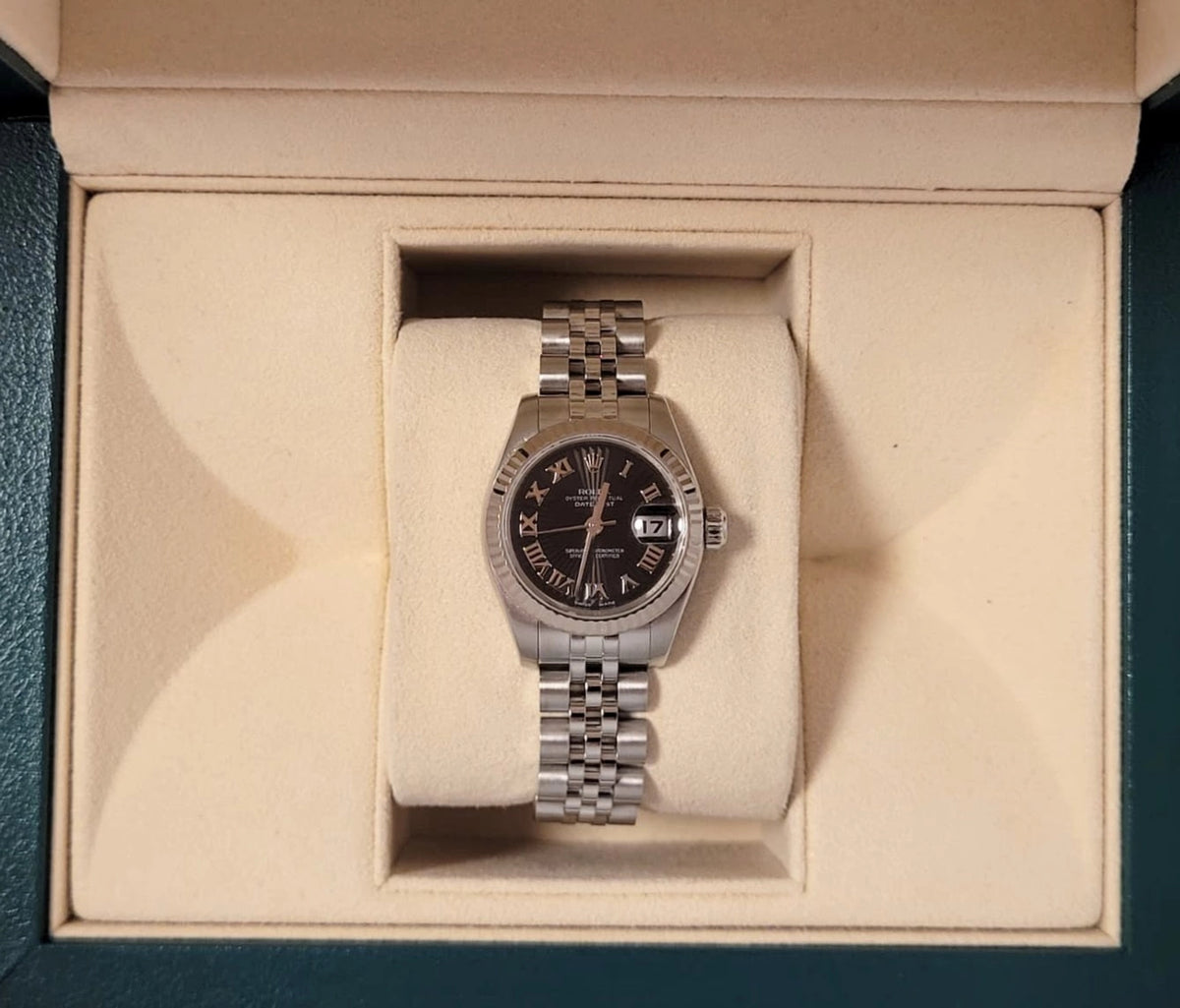 2006 Rolex Ladies Datejust 179174 Black Concentric Arabic Dial SS Jubilee 26mm
