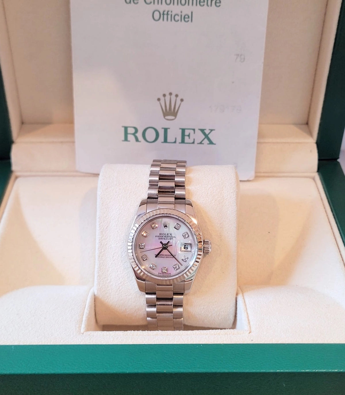 2006 Rolex Ladies Datejust 179179 MOP Diamond Dial 18kt WG President Papers 26mm