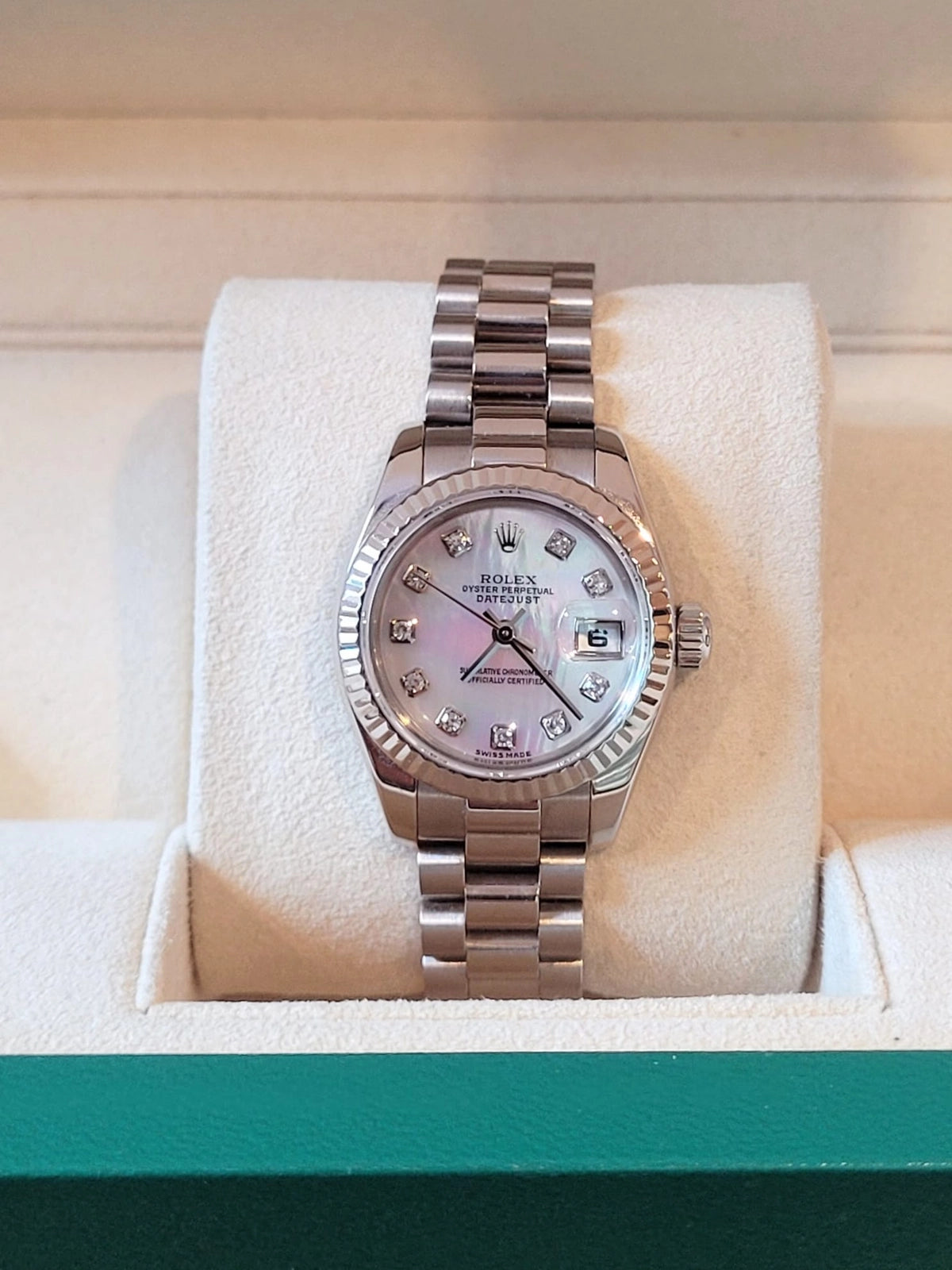 2006 Rolex Ladies Datejust 179179 MOP Diamond Dial 18kt WG President Papers 26mm