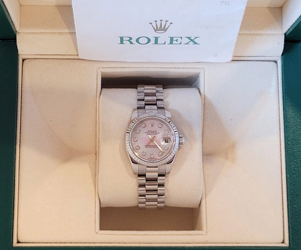 2006 Rolex Ladies Datejust 179179 MOP Diamond Dial 18kt WG President Papers 26mm