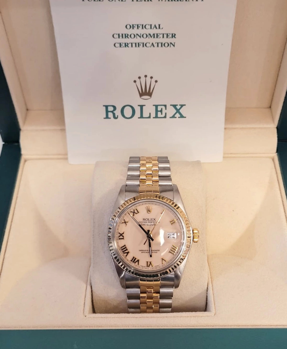 Rolex Datejust 16013 Cream Roman Dial TT Jubilee With Open Papers 36mm