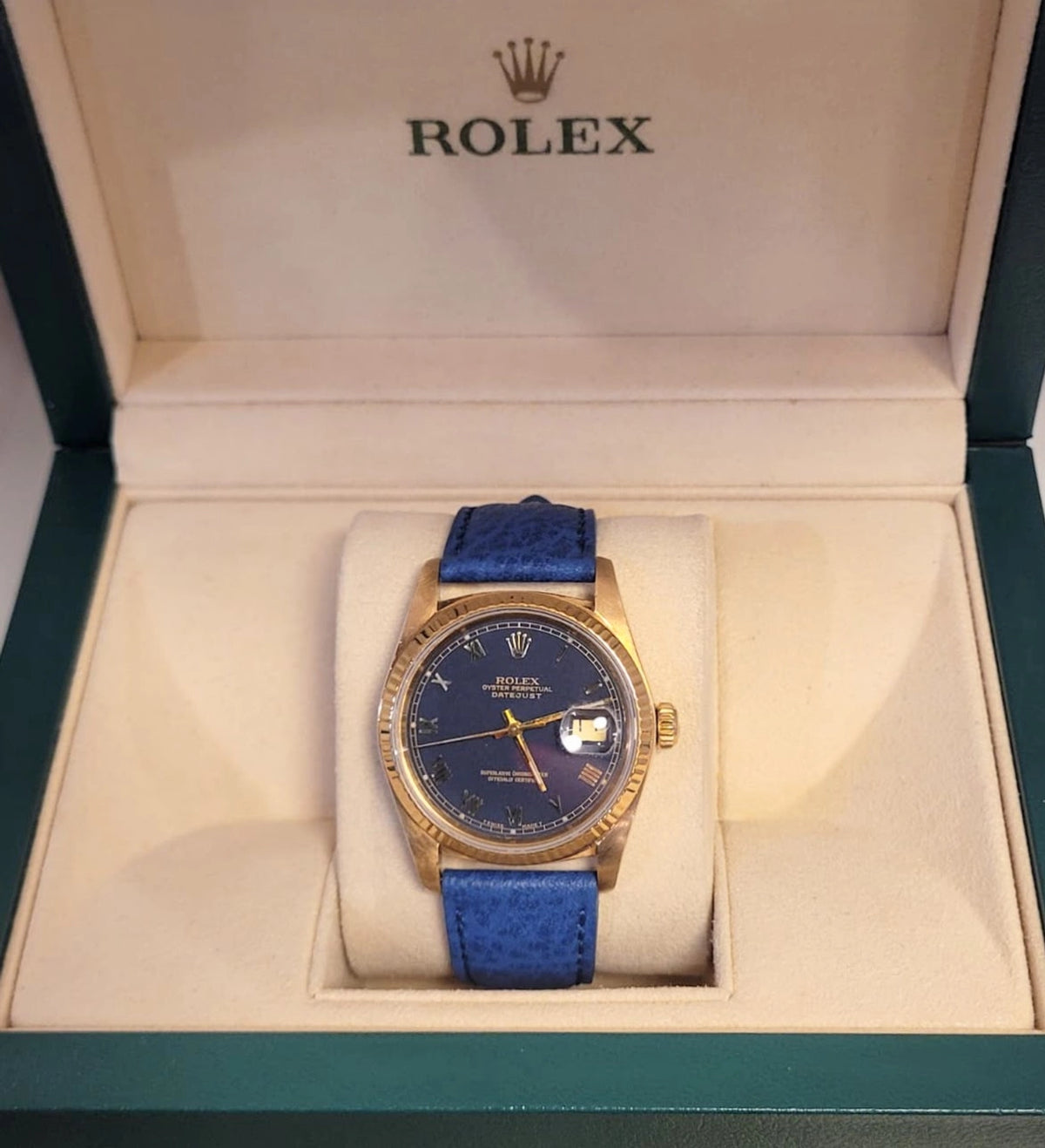1988 Rolex Datejust 16018 Blue Roman Dial Blue Leather Strap No Papers 36mm