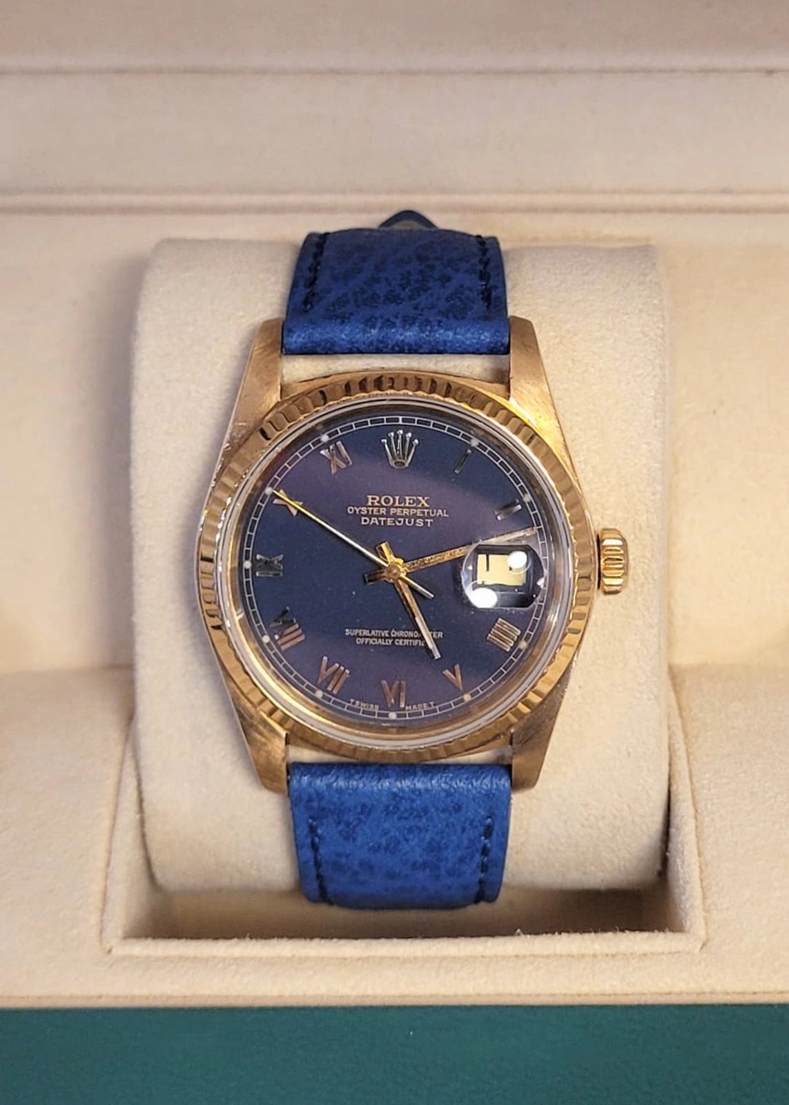 1988 Rolex Datejust 16018 Blue Roman Dial Blue Leather Strap No Papers 36mm