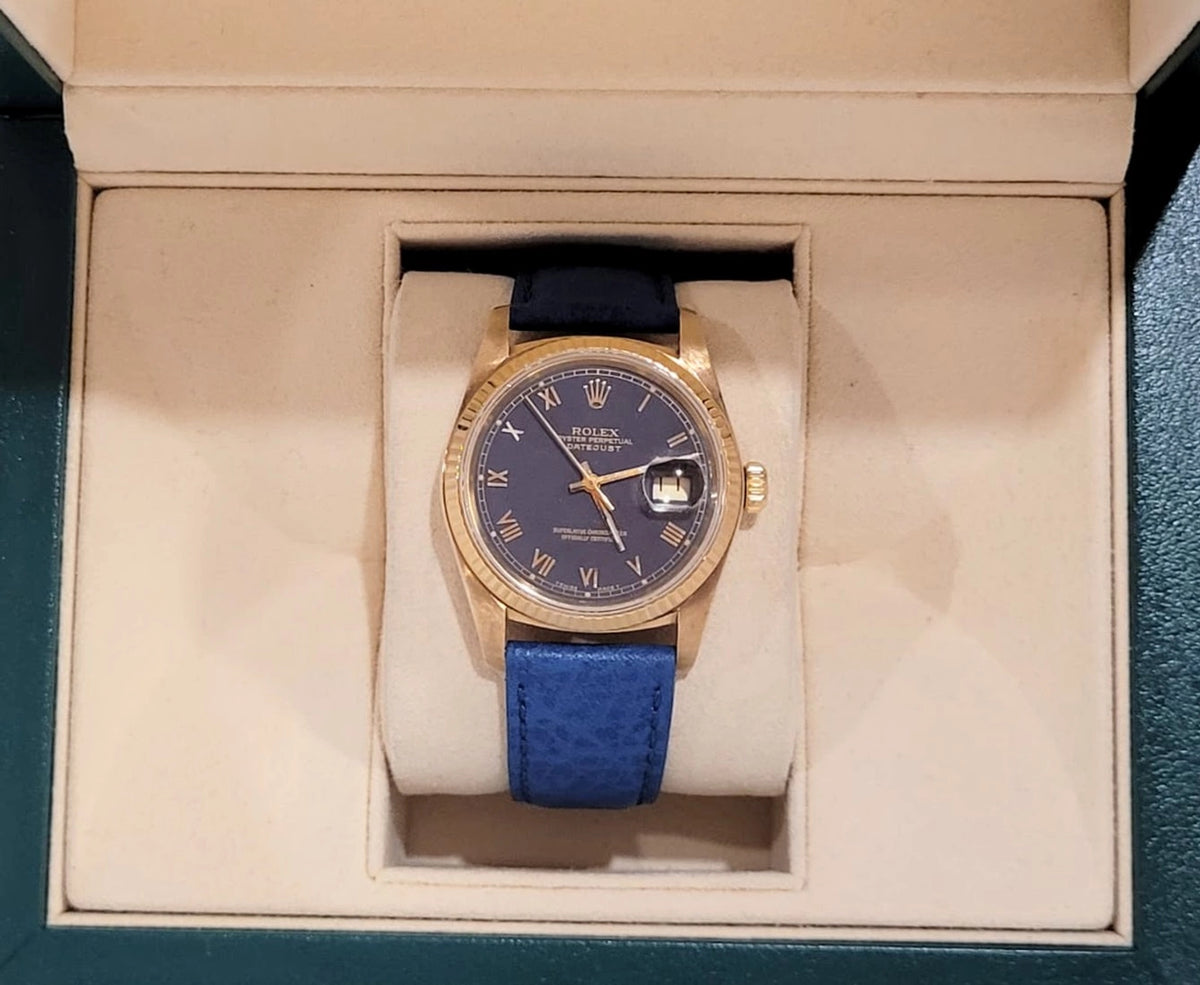 1988 Rolex Datejust 16018 Blue Roman Dial Blue Leather Strap No Papers 36mm