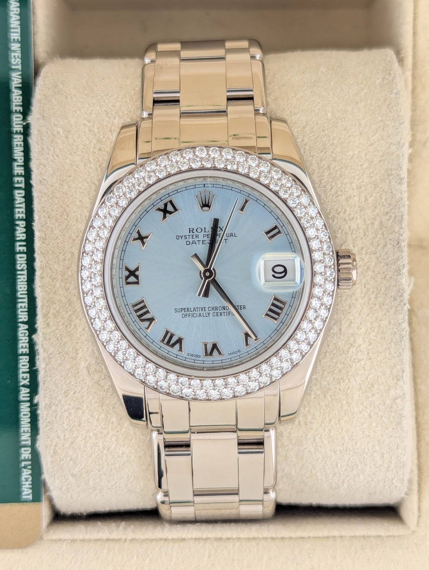 OHA 2009 Rolex Pearlmaster 81339 Blue Roman Two Row Diam Bezel 18kt WG W/ Paper 34mm