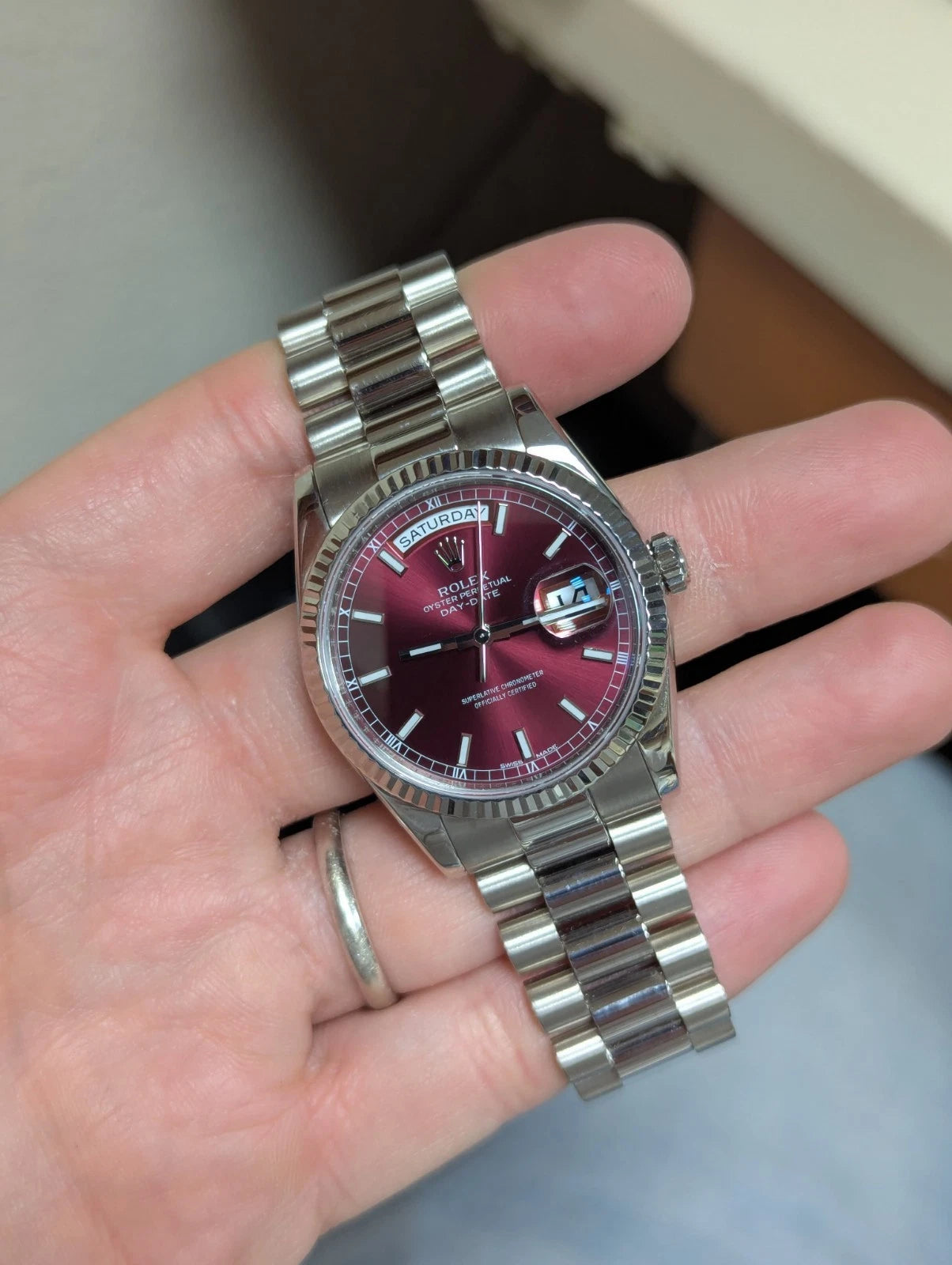2015 Rolex Day-Date 118239 Cherry Red Dial 18kt White Gold With RSC Records 36mm