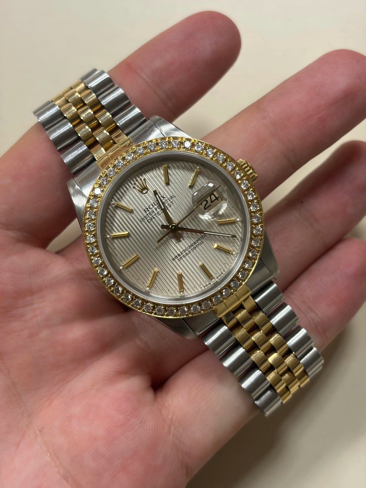 1988 Rolex Datejust 16013 Silver Tapestry Dial Diamond Bezel TT Jubilee 36mm