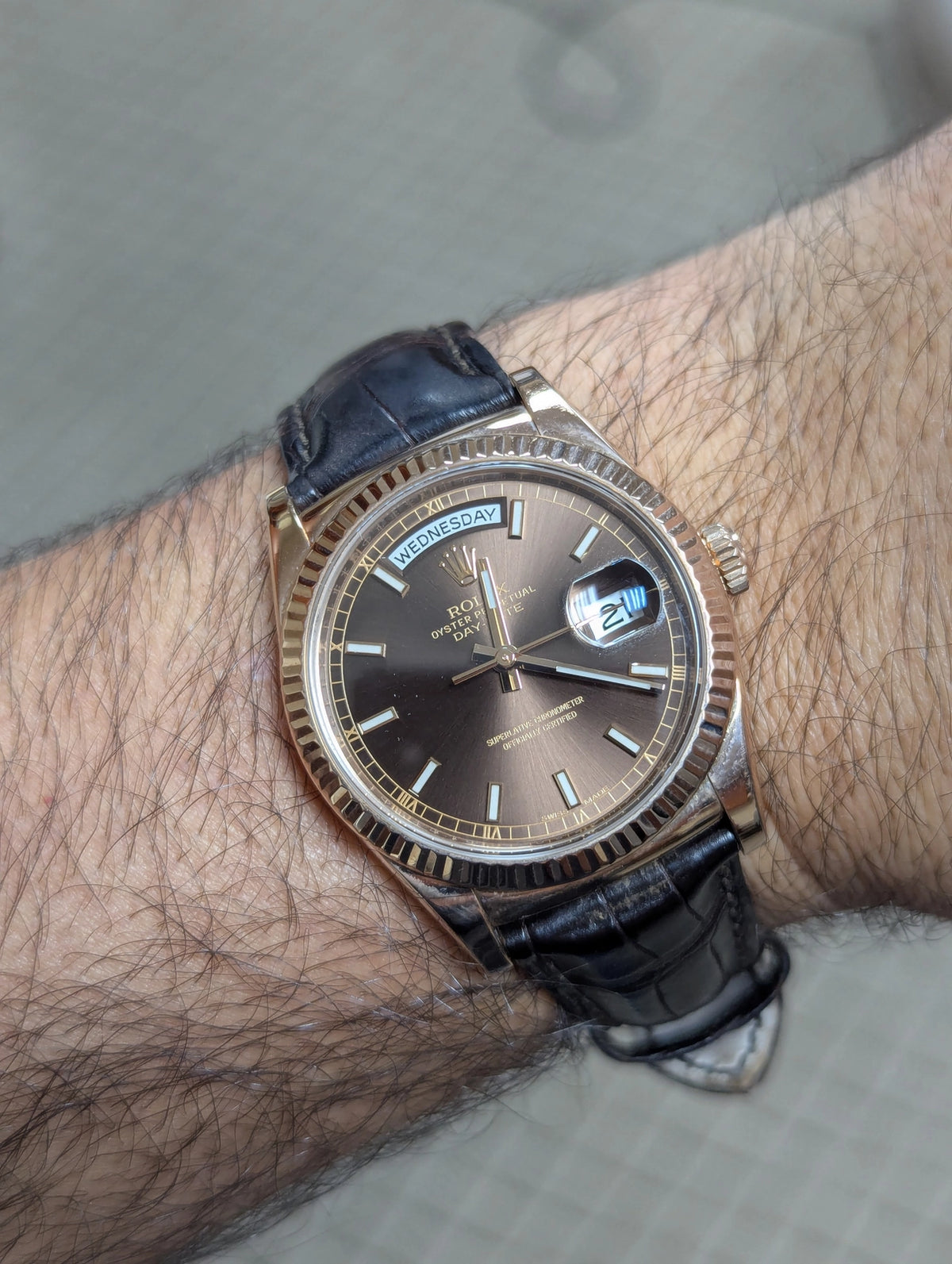 2015 Rolex Day-Date 118135 Chocolate Dial 18kt RG Leather Strap With Papers 36mm