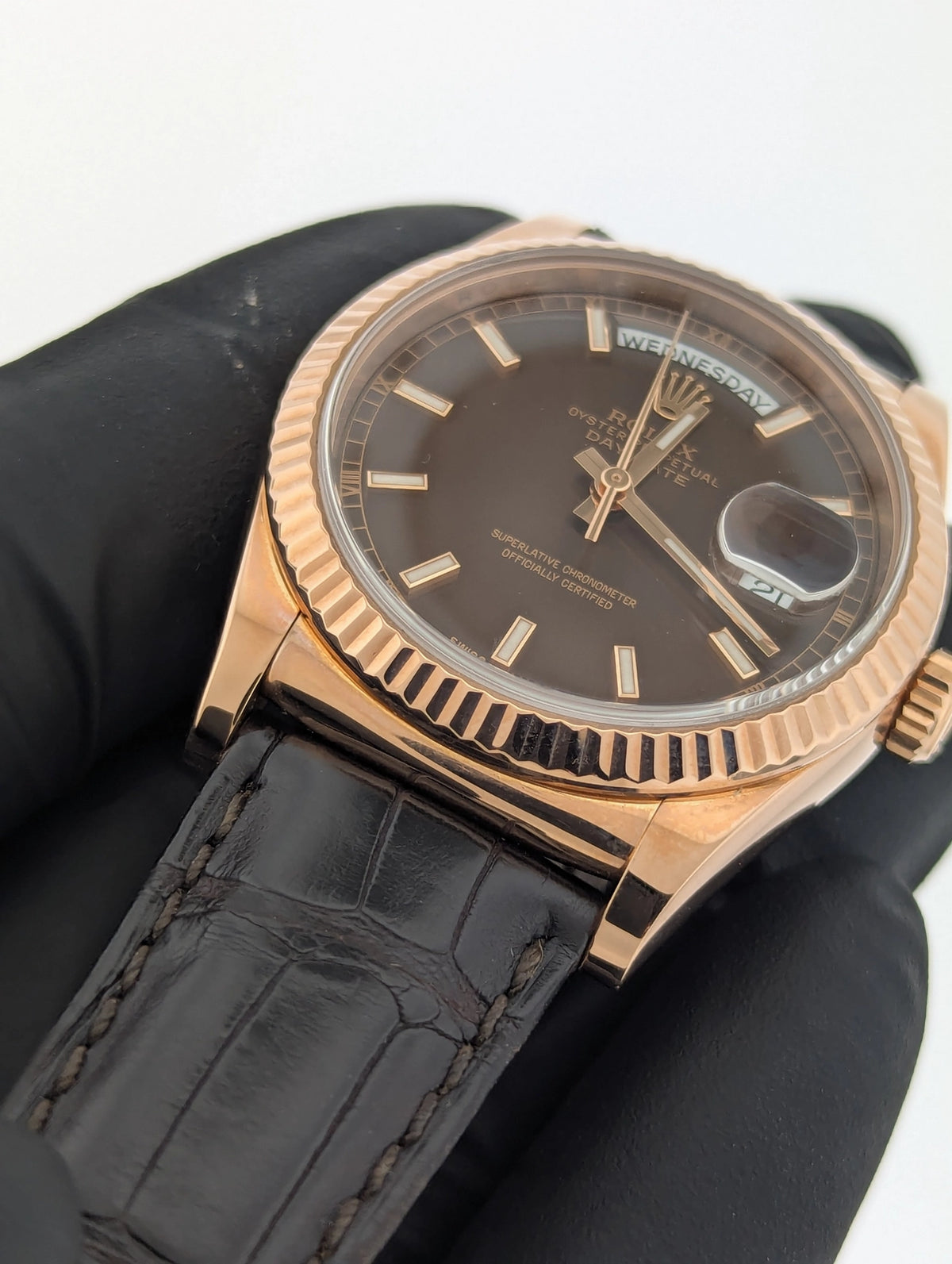 2015 Rolex Day-Date 118135 Chocolate Dial 18kt RG Leather Strap With Papers 36mm