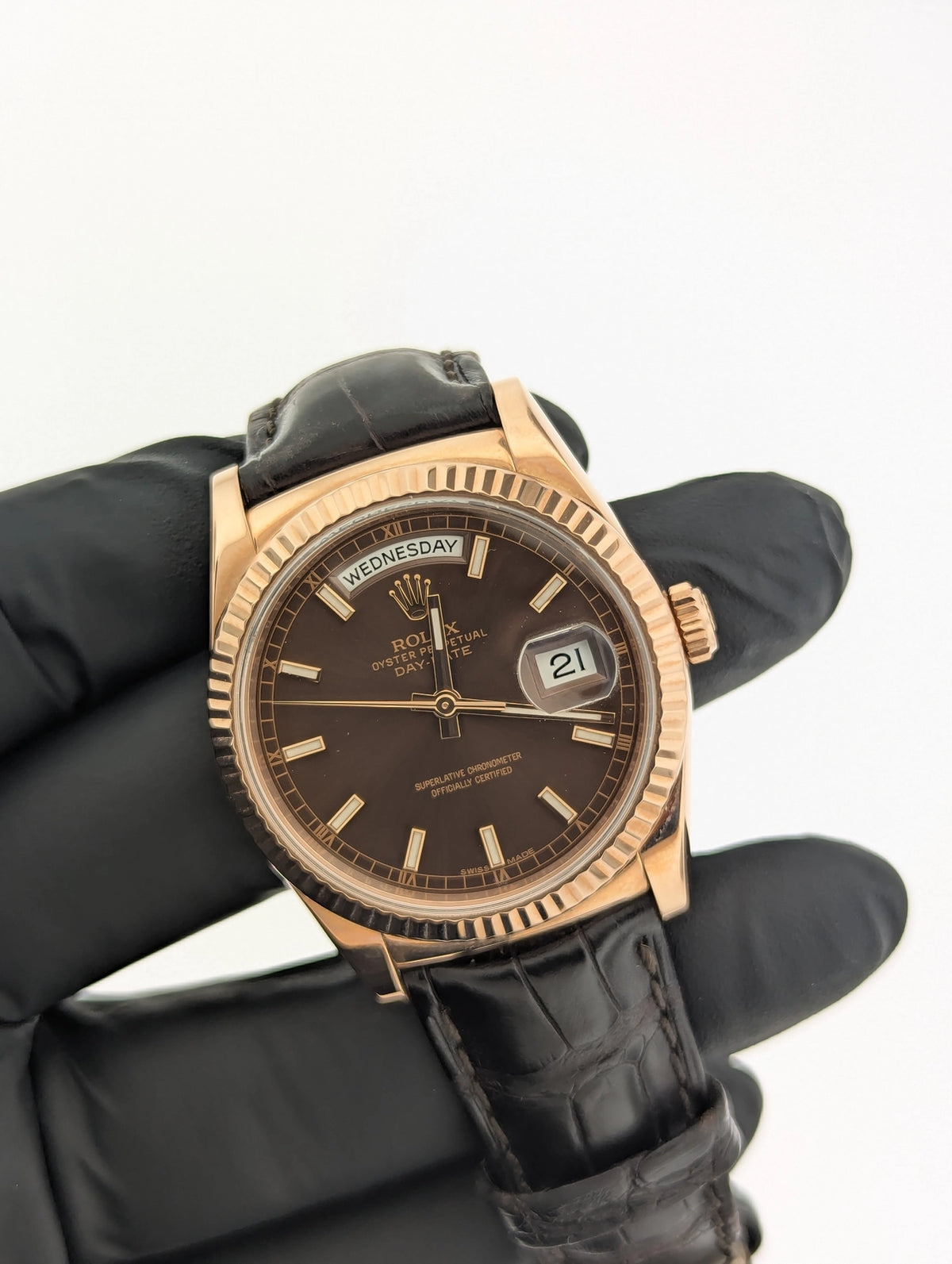 2015 Rolex Day-Date 118135 Chocolate Dial 18kt RG Leather Strap With Papers 36mm