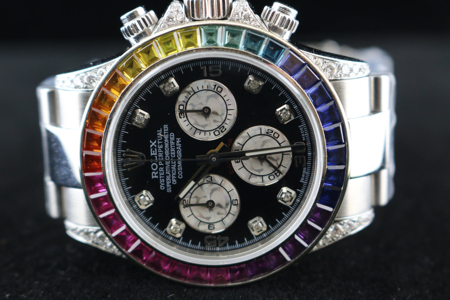 2004 Rolex Daytona 116520 Custom Black Diamond Dial + Rainbow Bezel 40mm