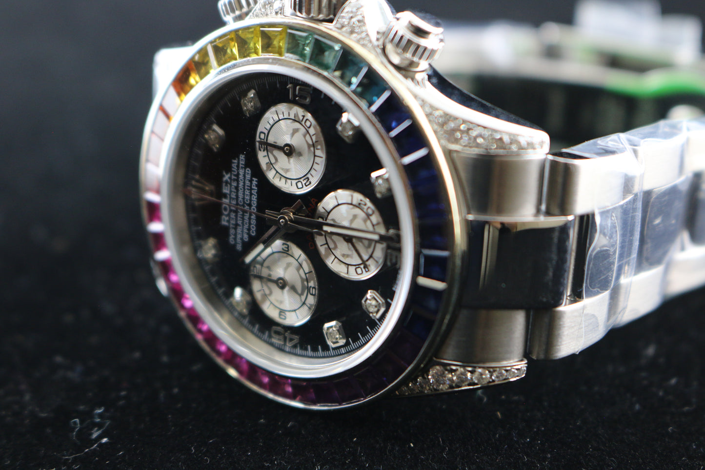 2004 Rolex Daytona 116520 Custom Black Diamond Dial + Rainbow Bezel 40mm