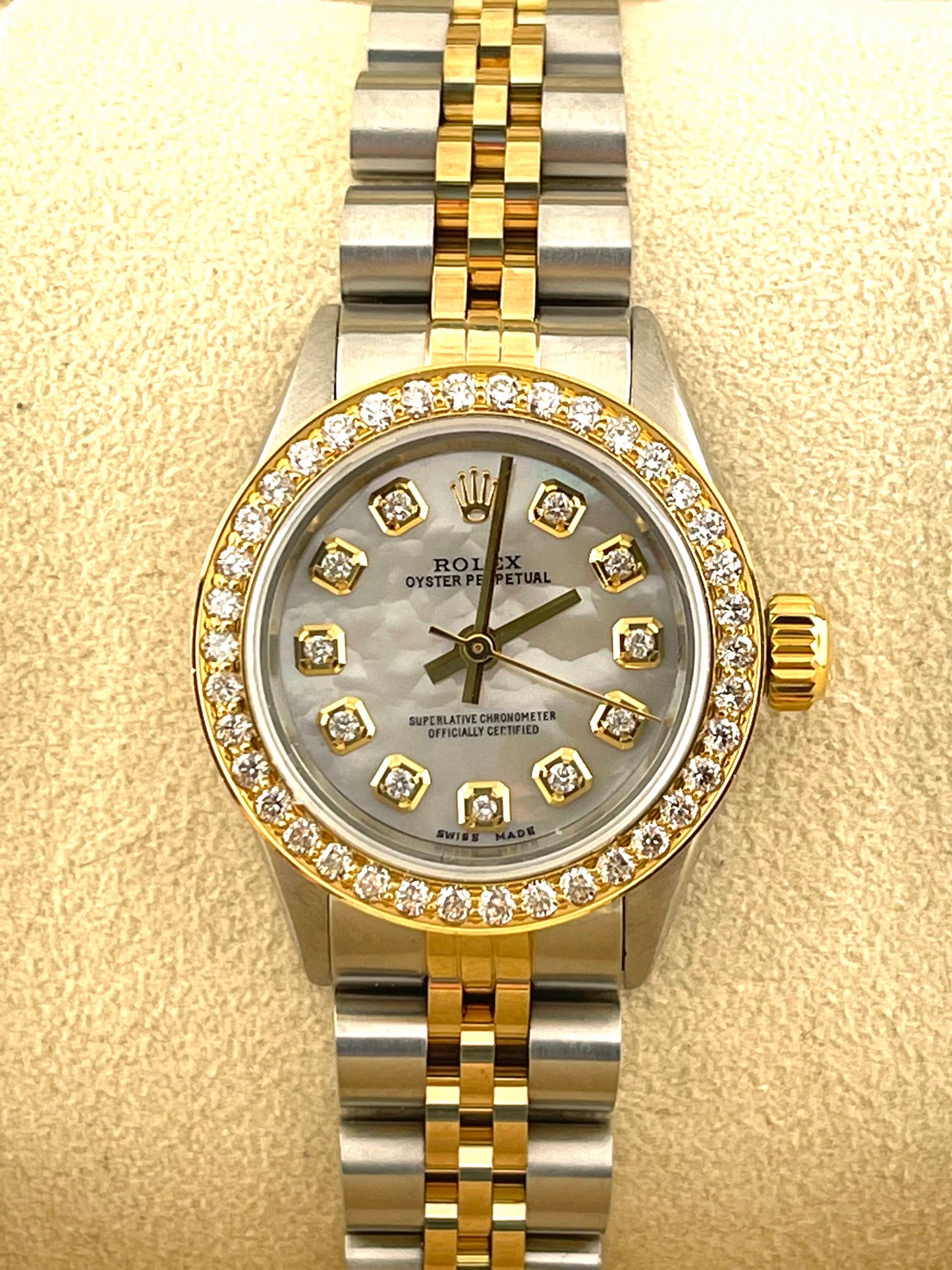 Rolex Oyster Perpetual Custom White Diamond Dial Mop + Bezel 24 mm