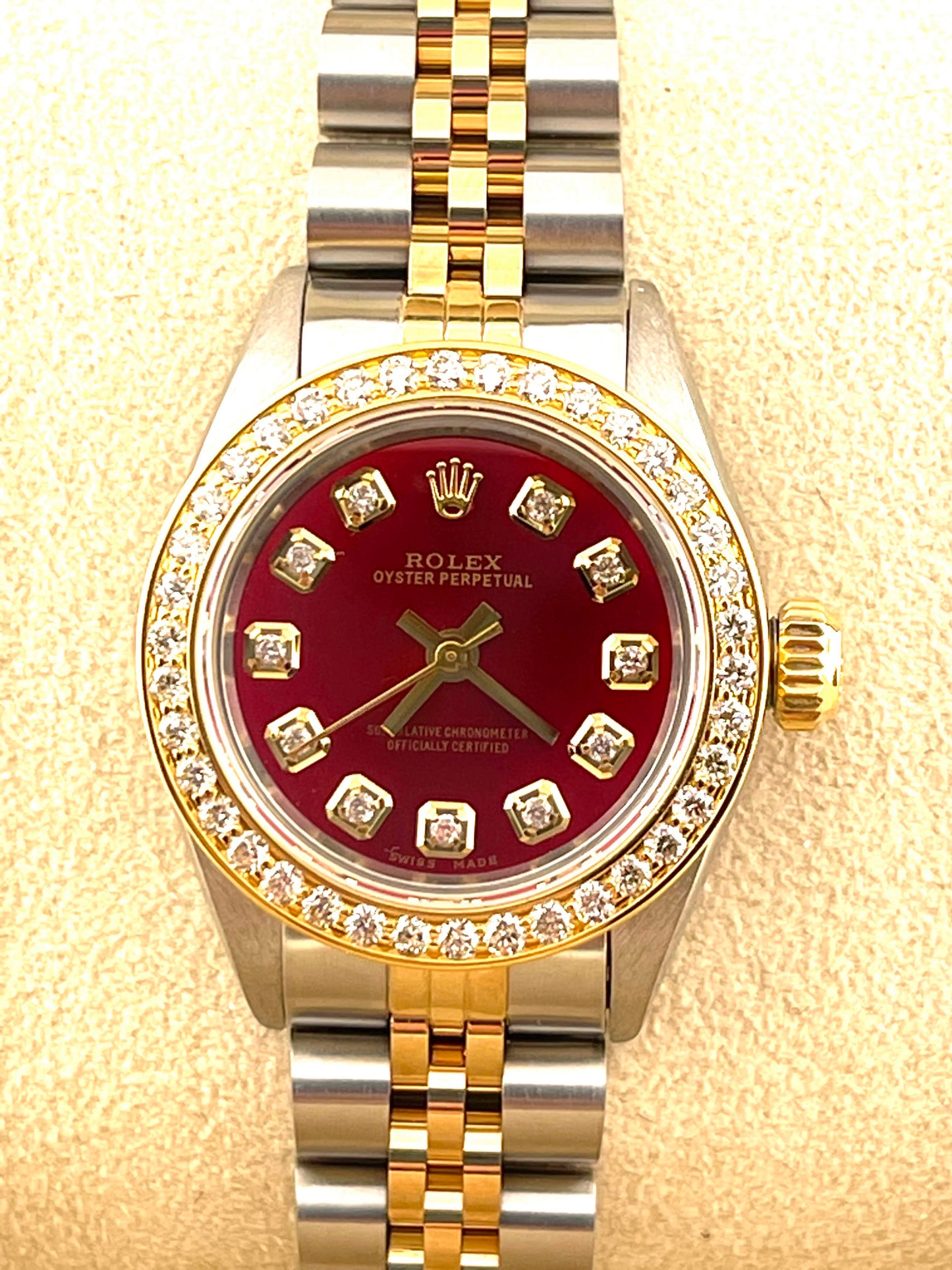 Rolex Oyster Perpetual Custom Red Diamond Dial + Bezel 24 mm