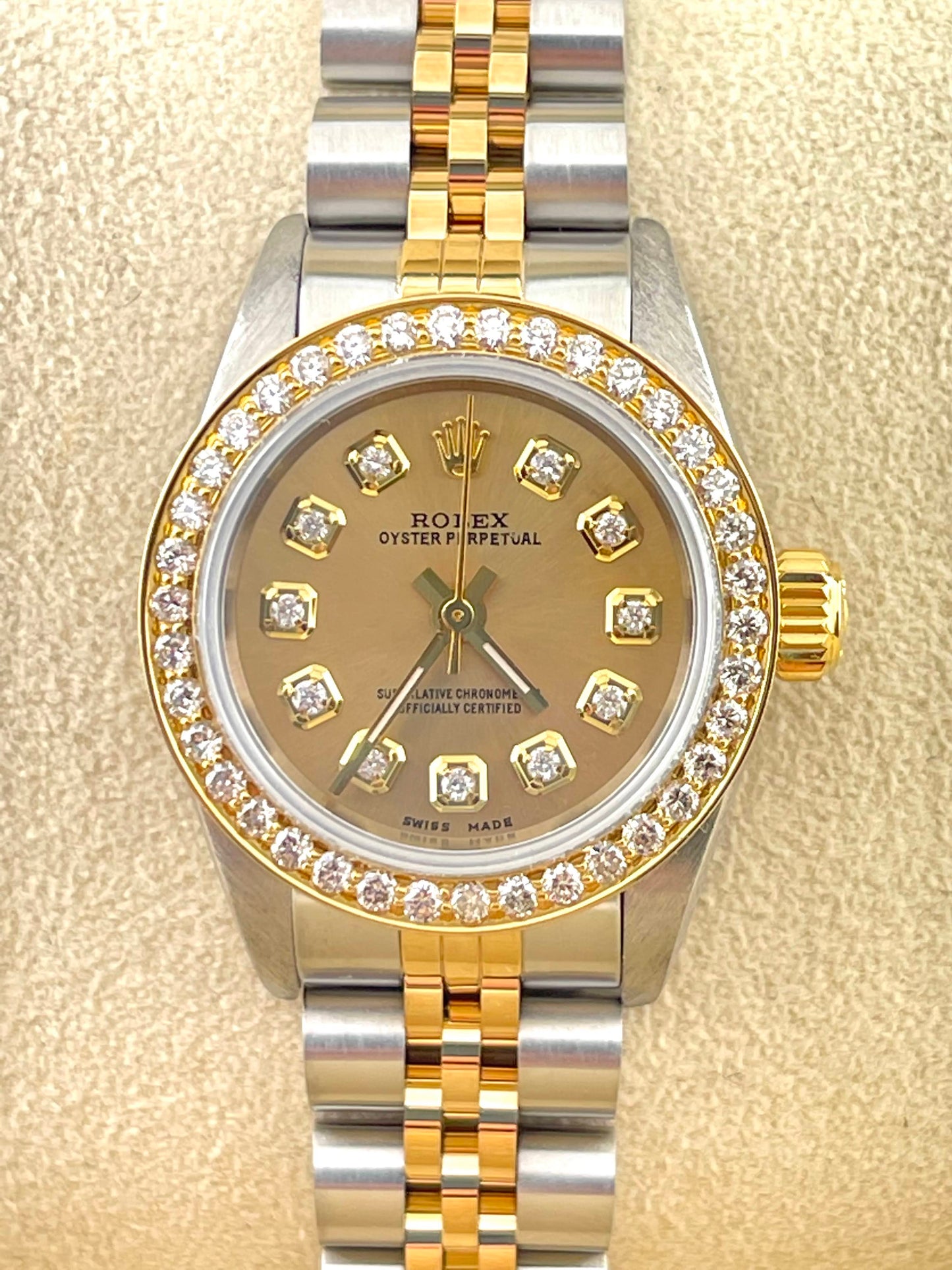 Rolex Oyster Perpetual Custom Champagne Diamond Dial + Bezel 24 mm