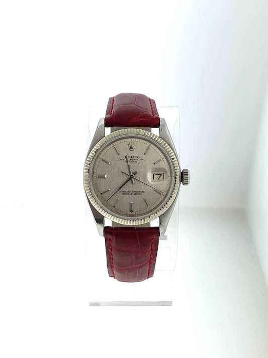 1973 Rolex Datejust 1601 Silver Linen Dial Red Leather Strap No Papers 36mm