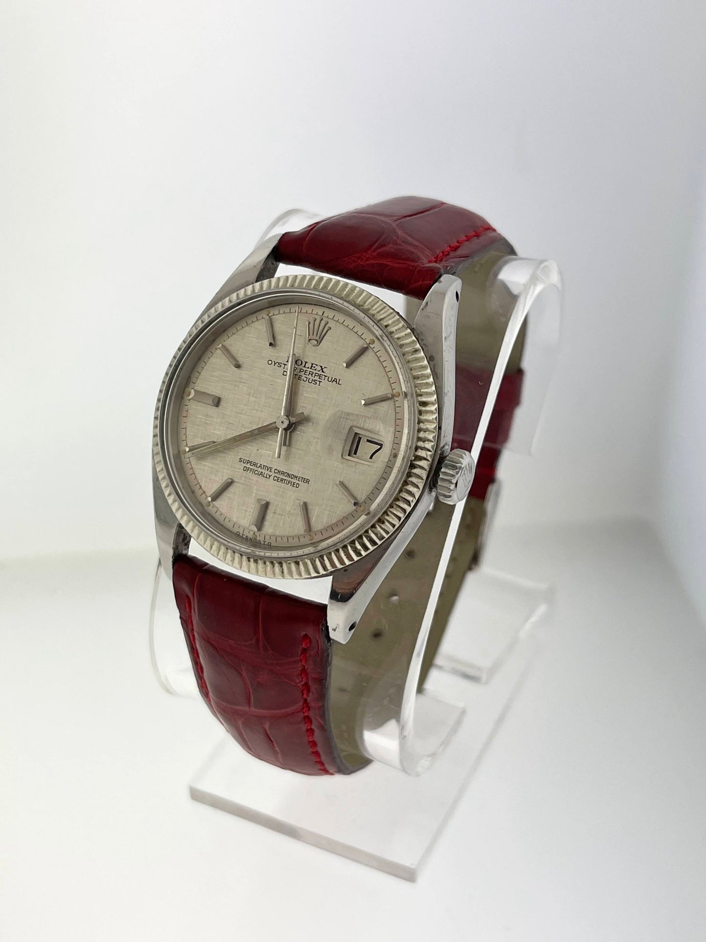 1973 Rolex Datejust 1601 Silver Tapestry Dial Red Leather Strap No Papers 36mm