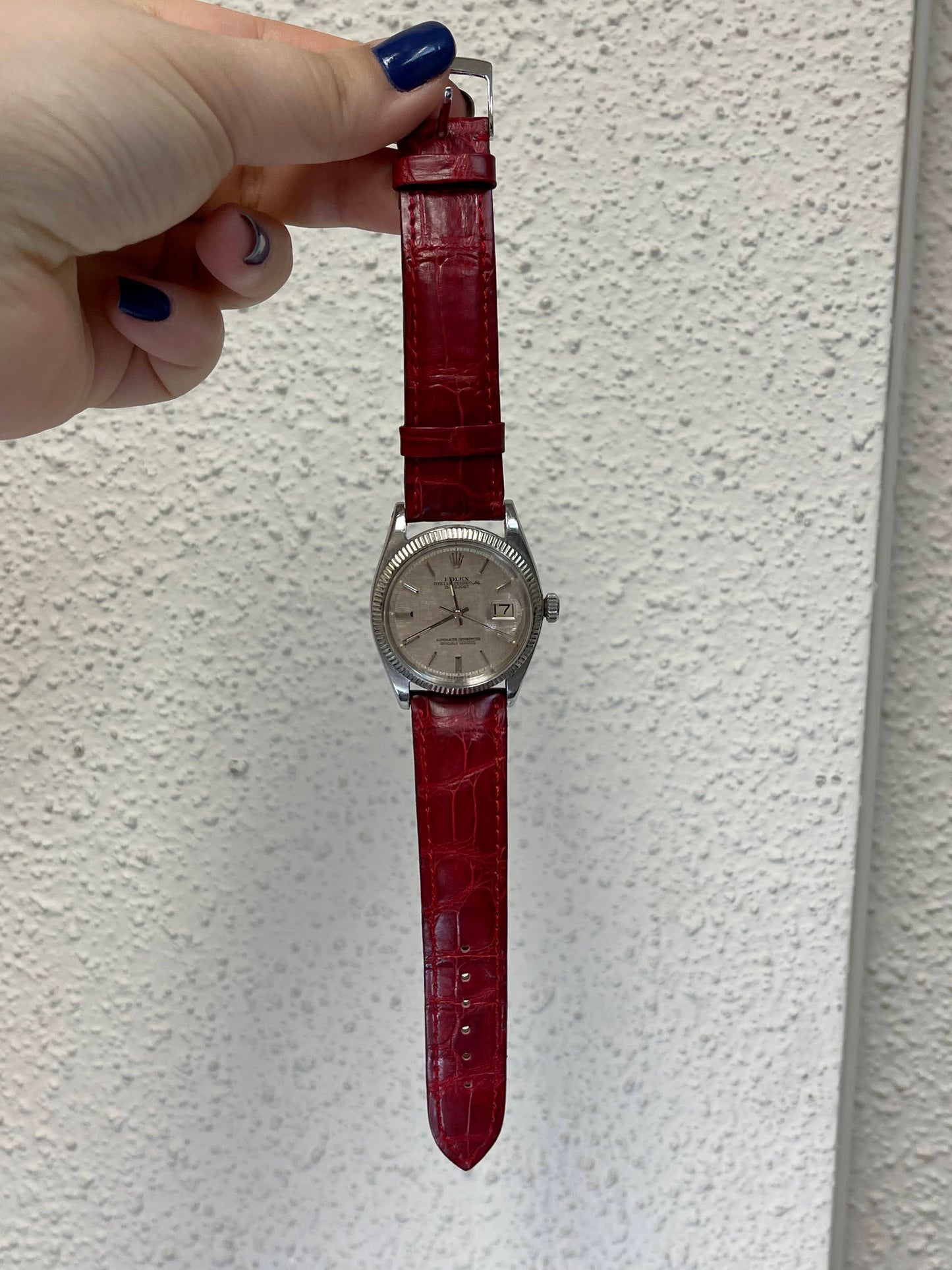 1973 Rolex Datejust 1601 Silver Tapestry Dial Red Leather Strap No Papers 36mm