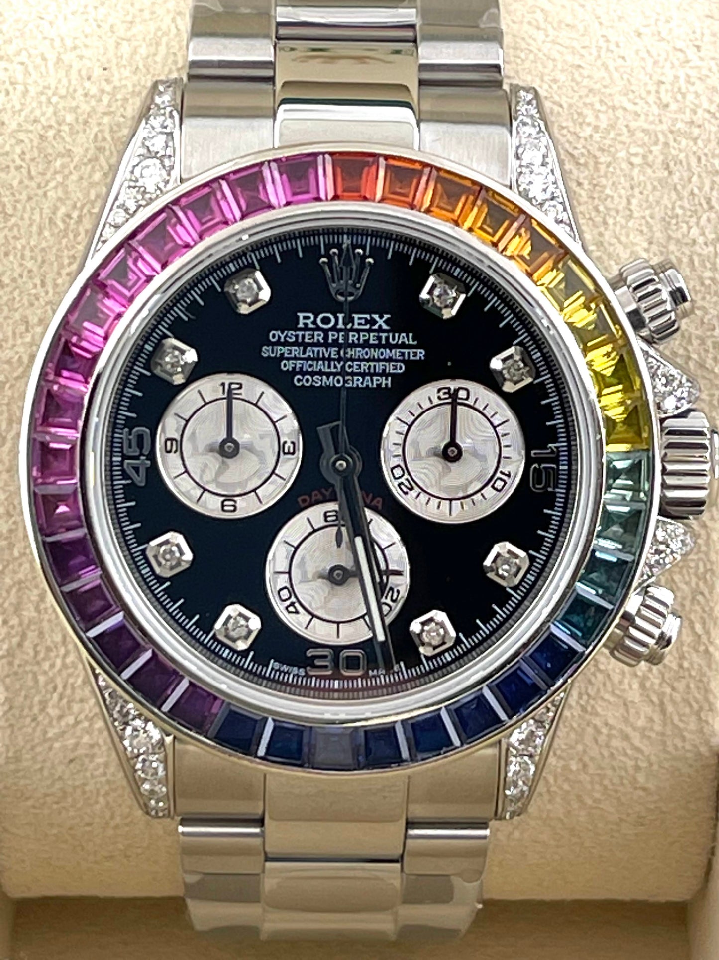 2004 Rolex Daytona 116520 Custom Black Diamond Dial + Rainbow Bezel 40mm