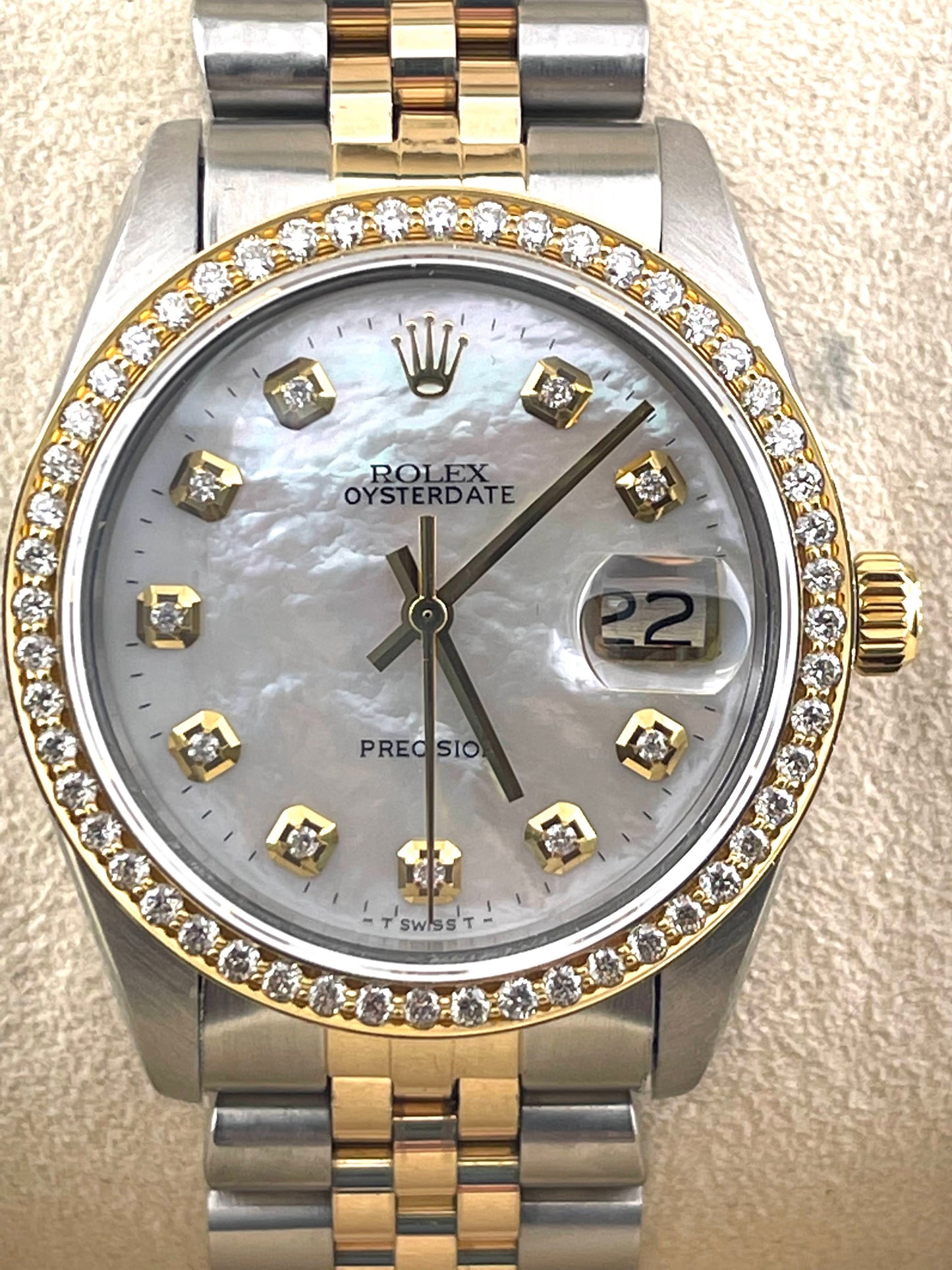 Rolex OysterDate Custom White Diamond Mop + Bezel 34mm