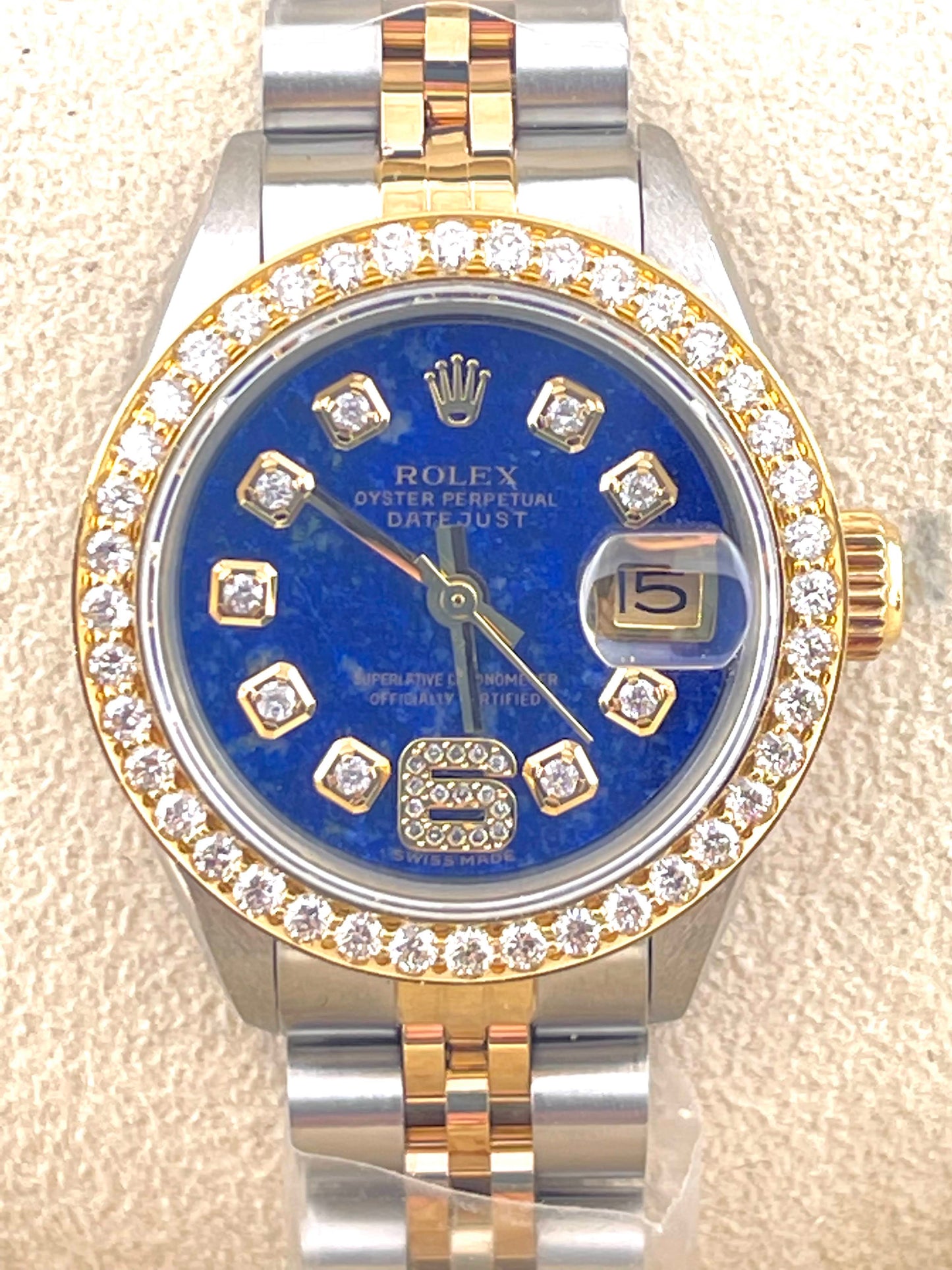 Rolex Datejust Custom Marble Blue Diamond Dial + Bezel 26mm