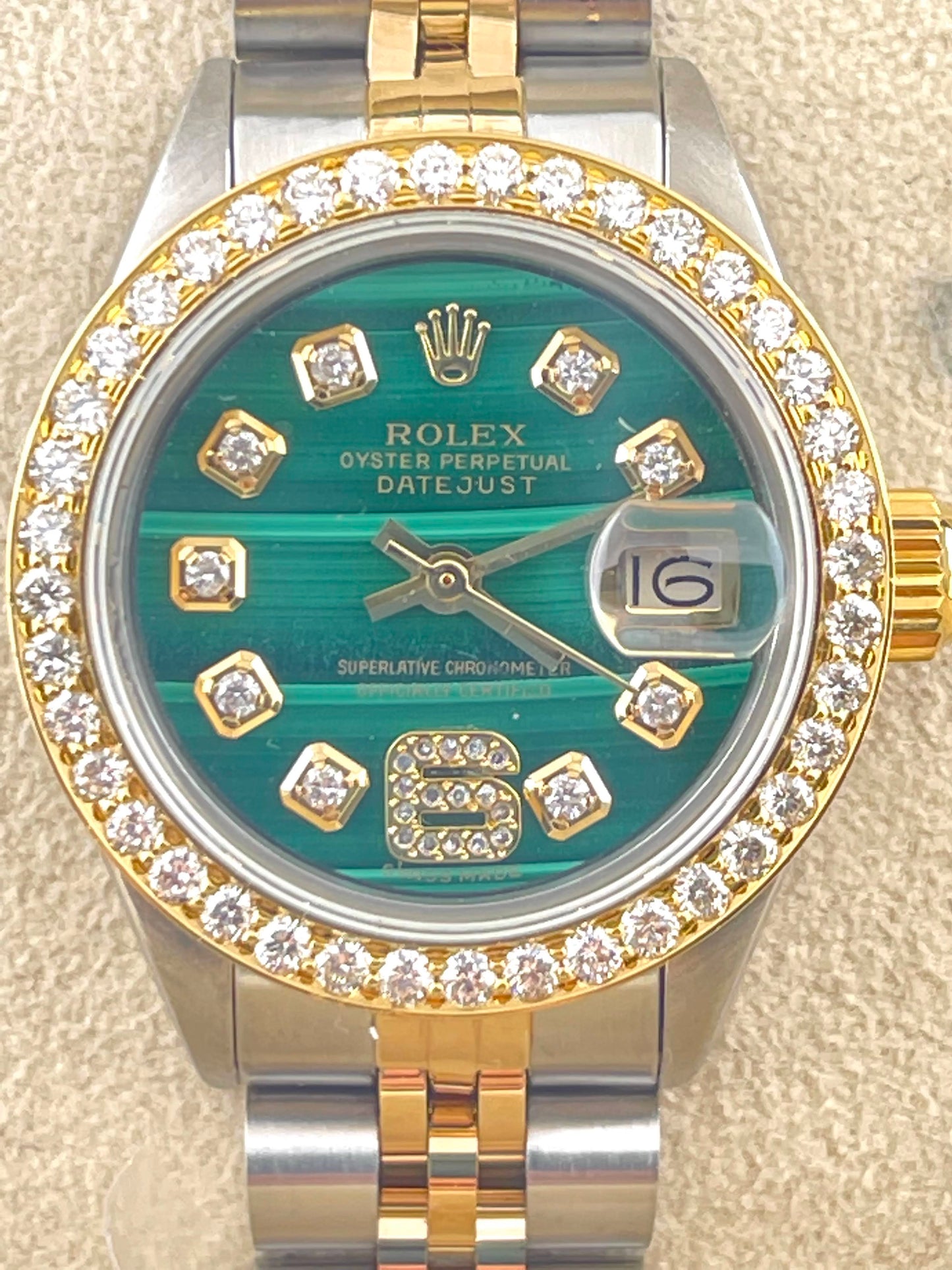 Rolex Datejust Custom Green Marble Diamond Dial + Bezel 26mm