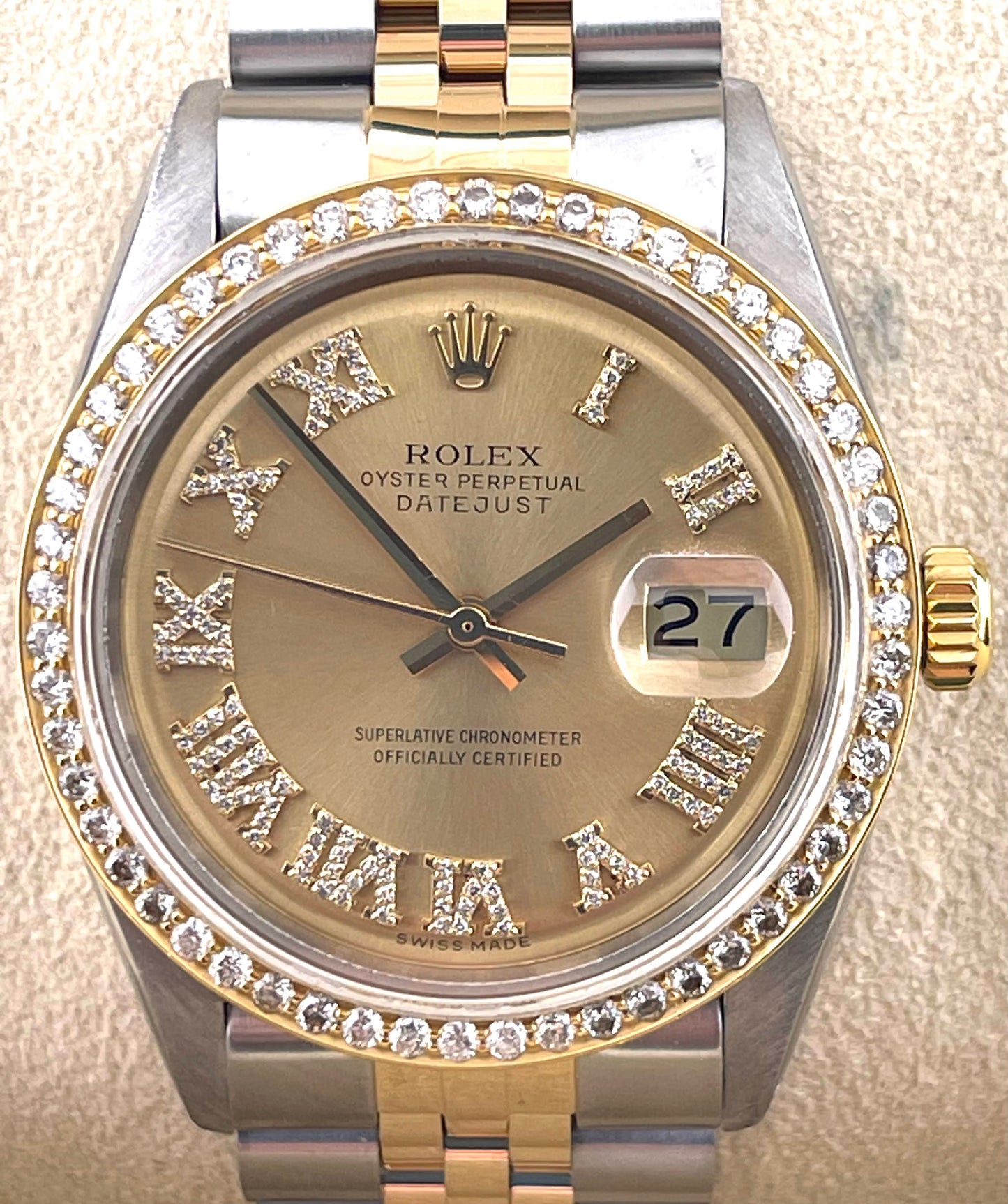 Rolex Datejust Custom Champagne Roman Diamond Dial + Bezel 36mm