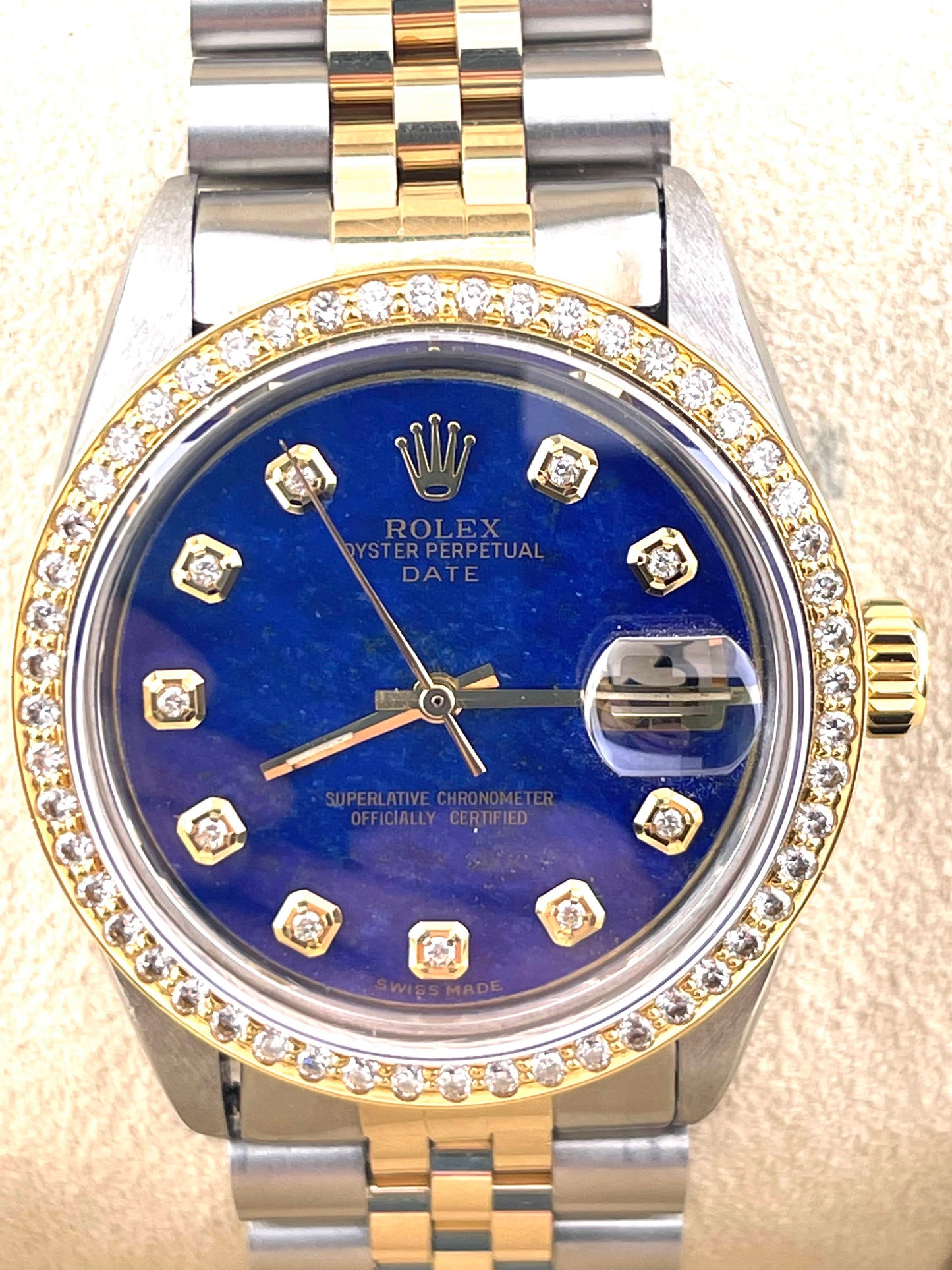 Rolex Date Custom Blue Marble Diamond Dial + Bezel 34mm
