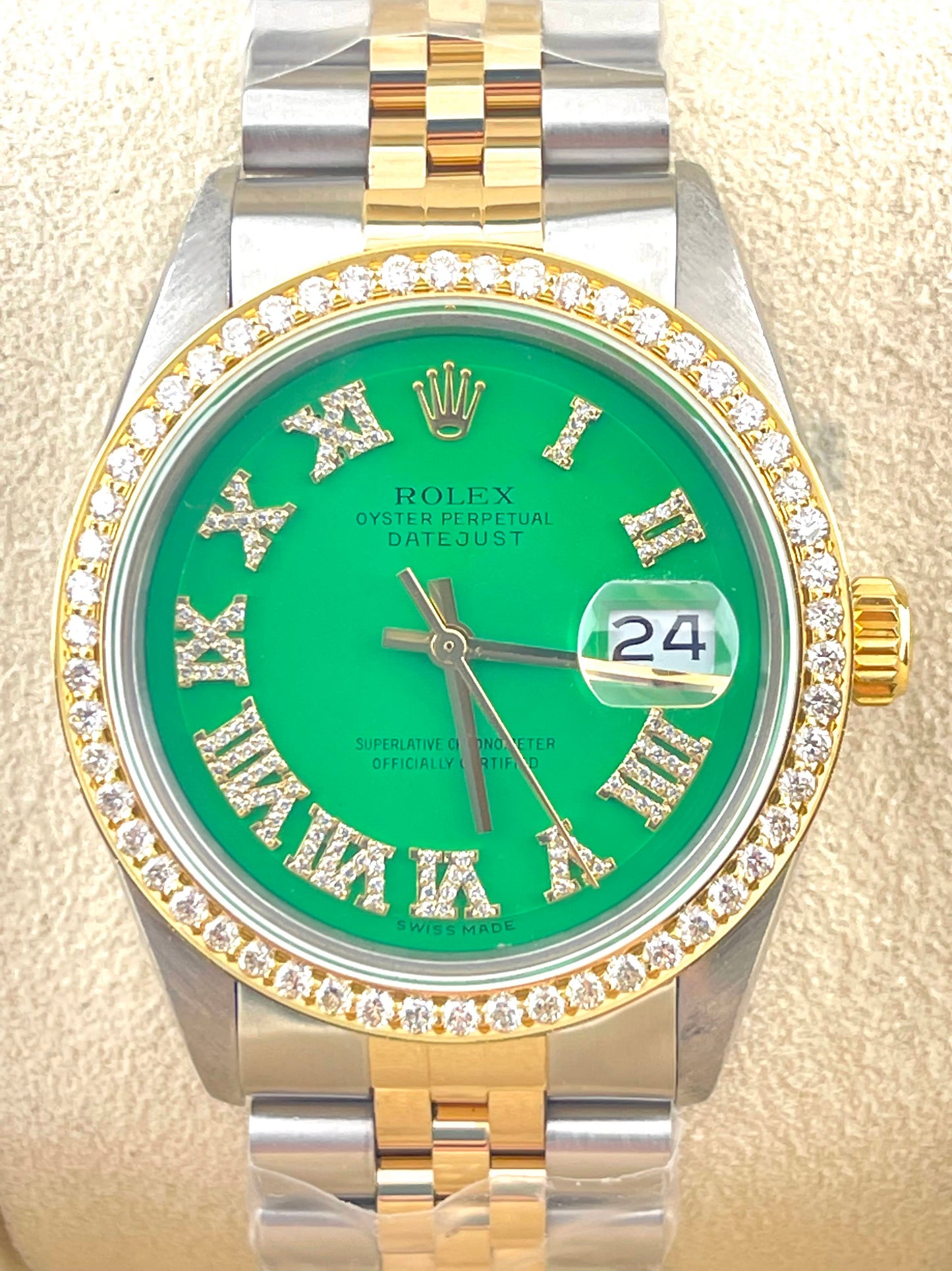 Rolex Datejust Custom Green Roman Diamond Dial + Bezel 36mm