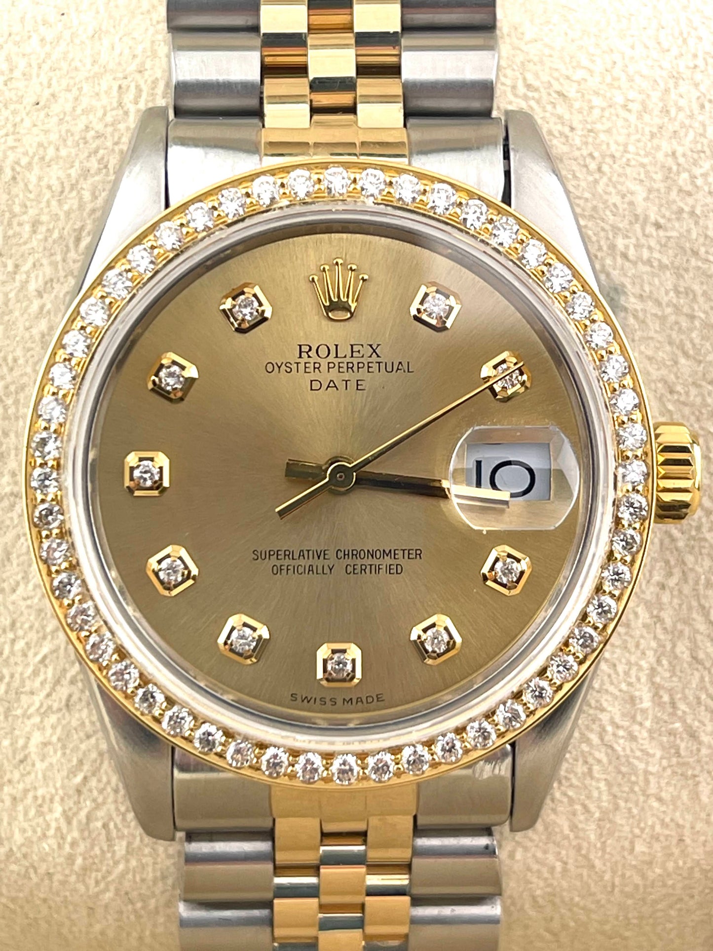 Rolex Date Custom Champagne Diamond Dial + Bezel 34mm